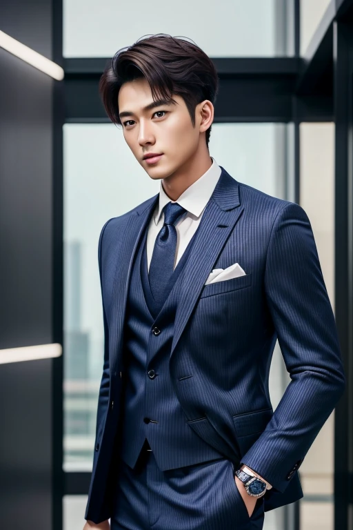 28-year-old refreshing and handsome new employee、(Super handsome guy in S-class suit)、Japanese 28-year-old man、 merchant、 ultra luxury suit、 striped suit、 office、 S class young handsome man standing in suit、(High-detail photos from CG Unity 8K)、(The photos are real)、((top quality))、Super detailed、 (masterpiece)、 Ultra high quality、 High、 gentleman、(masterpiece)、 Ultra high quality、 very beautiful hair、 bright photos、 As handsome as a model、 As handsome as an idol、 luxury watches.