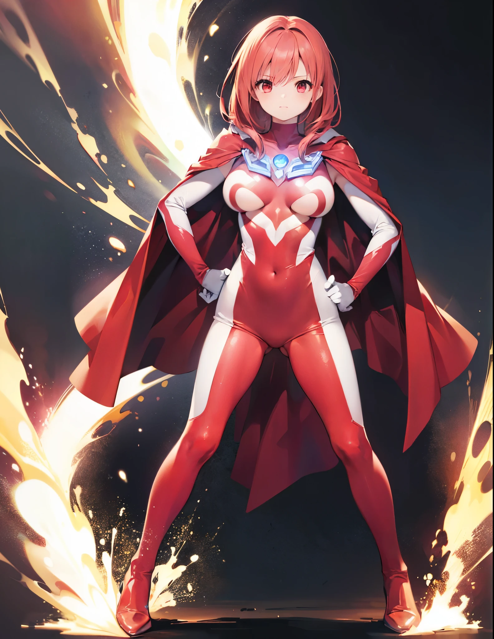 Realistic,highest quality, Ultra Detail, High-quality CG rendering, The most delicate and beautiful, Floating softly, High resolution, (1 girl), (Highest quality,4K,8K,masterpiece:1.2),(All red hair:1.5), (Medium Hair:1.5),(Red eyes:1.5), (Ultra Girl:1.0), (Red Ultraman bodysuit:1.4),(Slightly larger breasts:1.5),Upper Body,(Clenched Fist:1.2),(Place your hands on your hips:1.2), Red gloves,Red Shoes,(Red Cape:1.3)