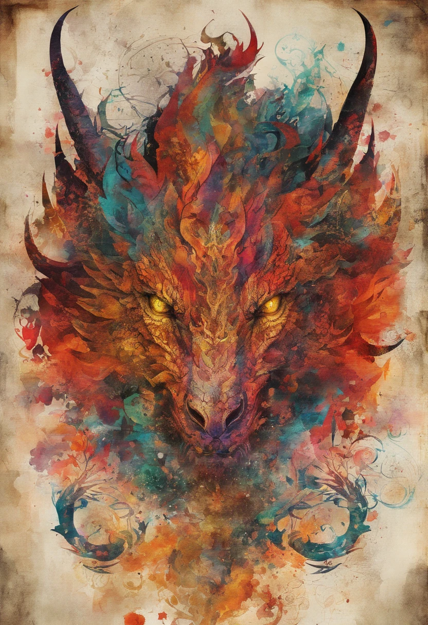 dragon feu rougeoyant, posture souveraine, piercing gaze, fond grandes flammes ::2 colorful ink painting ::2 art fantasy