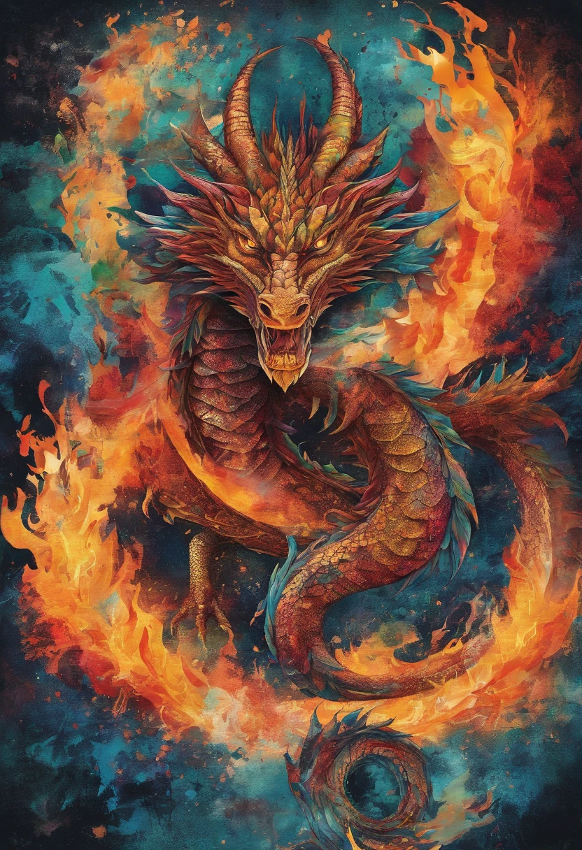 dragon feu rougeoyant, posture souveraine, piercing gaze, fond grandes flammes ::2 colorful ink painting ::2 art fantasy