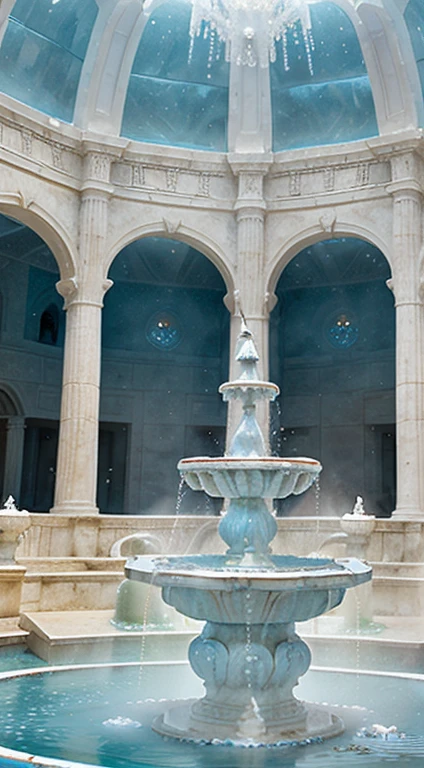 Light blue-white tones,Gorgeous interior space,Blend in with the beautiful white building,All white interior fantasy scene,((Super spectacular fountain)),(Super rich fountain),Fountains at different levels,Transformation crystal,Ice crystals,Super quality,tmasterpiece,Super refined,A lot of detail,Splashing water droplets,feeling of mist,water vapor eruption, Greek statues