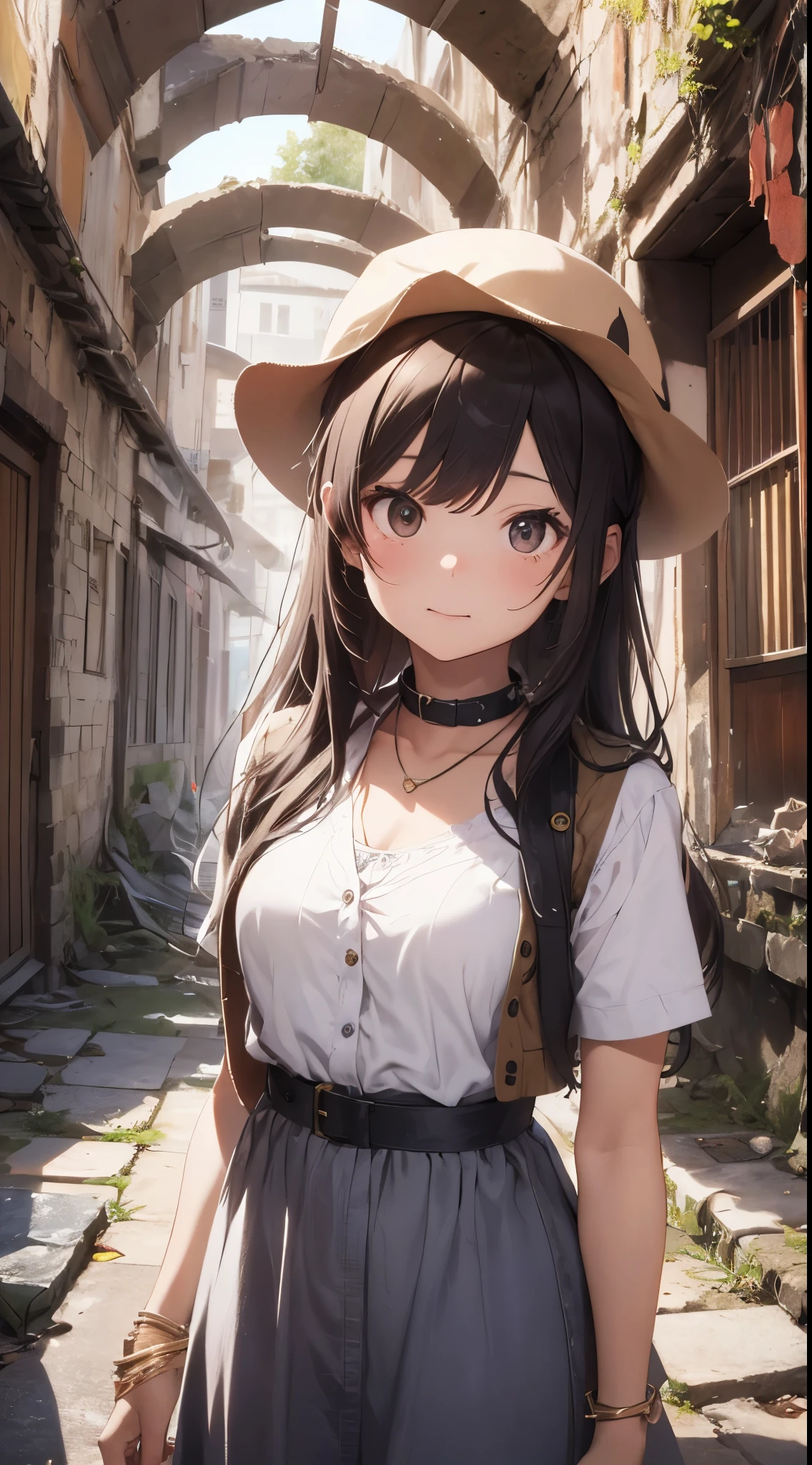 It depicts a young girl exploring traditional ruins in the Middle East。She is cute and has outstanding beauty.、It has a dainty and clear expression。She wears a white dress and brown vest.、I wear a pendant around my neck。Her hairstyle is long straight hair.、I'm wearing a hat。She is in a ruin.、Artwork such as murals and sculptures in the corner々It is meticulously drawn up to。The ruins are from ancient Egypt、Deities々and royalty can be seen。She feels like she's watching closely with the camera from below.、Surprise and excitement are conveyed。