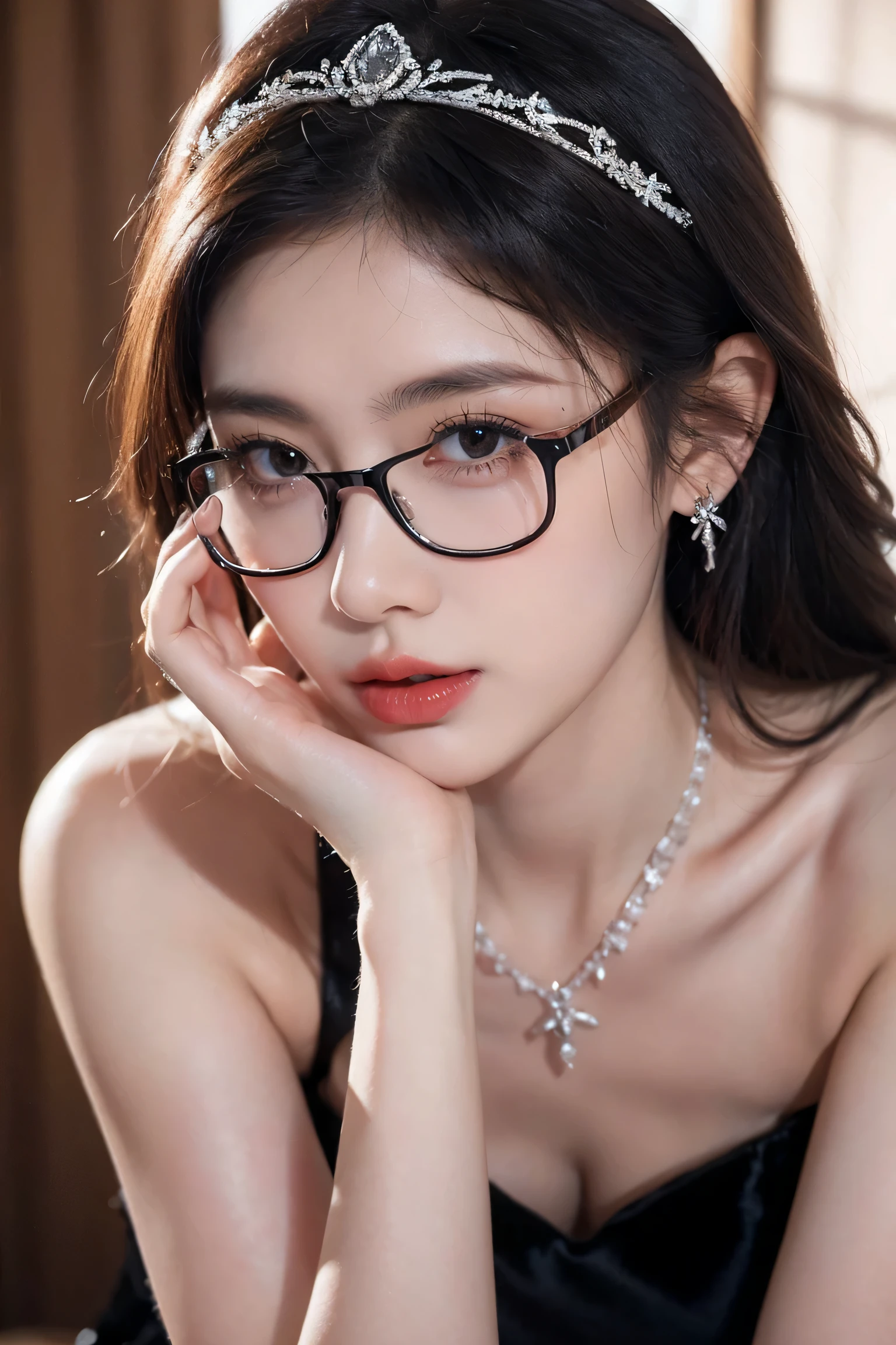 Top CG, Highest image quality, masterpiece, Gentle and beautiful girl, (185cm美女), (fit), Imperial sister, Queen temperament, White skin, ((Long legs)), perfect facial features, Bright Eyes, Seductive pose, Red lips, Beautiful and cold (A major breakthrough)), Beautiful and heroic, Soft and long hair, Glittering, Lace, net, Visible through clear skin, wear glasses, diamond earrings, ruby neckLace, (Black evening gown), 8K Image Quality, (Realistic Portraits), Characters fill the screen, (Facial lighting), ((eternal)