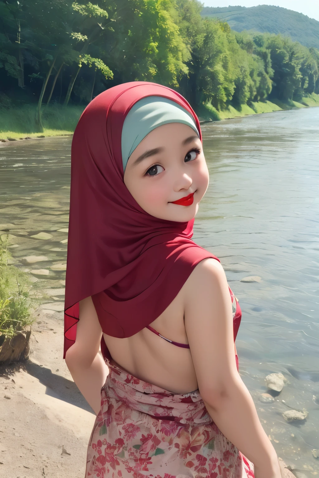 (strapless Colourful bra, (floral pattern), ((Open mouth)), Naked singlet (((SHORT HIJAB MALAY GIRL))), masutepiece, High quality, UHD 32K, Realistic face, Realistic skin feeling , A Japanese Lady, 8 , , Very cute and baby-like face, (((FLAT CHEST))), (MATRIX WORLD), ((look In front  at the camera and SADNESS)), (((WHITE))), (((CUTE GIRL))), ((CHUBBY)), (undress, at river