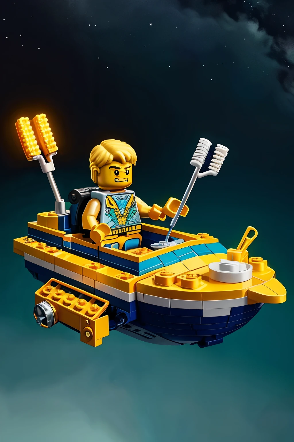 LEGO Brave Victor, the gallant hero, reclines comfortably on his tiny, exquisite fish-themed spaceship. In his hand, he cradles a golden toothbrush, its bristles gleaming under the soft, warm lights of the spaceship's interior.
The spaceship, intricately designed with LEGO bricks, sparkles with a keen sense of detail and vibrant colors. Victor, with his determined expression and taught muscles, embodies the spirit of adventure, ever-ready to embark on his next daring quest. The toothbrush, a quirky yet practical accessory, adds a touch of humor to this fantastical scene.