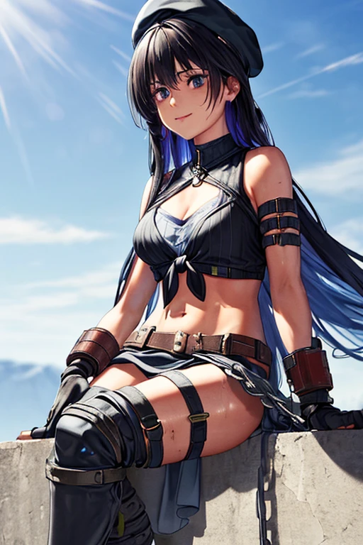 (Thynasha:1.2),dark blue hair,very long hair, purple eyes,(beautiful detailed eyes:1.0), extremely detailed face, perfect lighting, hair between eyes,bangs, (black beret, black jacket, open clothes, cleavage, midriff, black medium skirts, black thighhighs, thigh strap, fingerless gloves, single glove:1.2), Photo,sharpness, F1.6 lens,hyper-realistic textures,spectacular light textures, Cinestil 800 Fashion Mechanics,(((Beautiful woman with left leg restrained by chains))),Appearance,Beautiful girl with accentuated slender abs: 1.1,six-pack abs: 1.1, Bust Botox,Standing on tiptoe, long legs,Long brown hair fluttering in the wind,Brown hair, Long hair, Female Warrior Costume,(No panties,No bra),(tacticul battle fashion,elbow and knee tacticul battle fashion, battle glove: 1.1),((cute batre costume)),The belly comes out and the navel is visible,Thin sheer costume, combat gloves,shredded costumes,cyber long combat boots with golden knee pads,Anatomical,(futuristic sci-fi battle fashion, new elbow and knee cyberpads, new cyberlong boots, new cybergloves: 1.1),(tied perfectly by iron chain:1.3), Restraint, Slave, collars, contempt, (Chained), 4 chains hung from heaven, Metallic shackles and fetters, wet crotch clearly visible,((Hands are restrained above the head)), the neck is chained,Chain from left knee to heaven,Chained by rusty iron chains,((the tip is protruding, areolas protruding,The shape of the pubic harearea is clearly visible:0.9)),Sweating,Wet,Wet crotch,Wet thighs,Junkyard, Realistic, (cute, perfect clothes, skimpy clothes, cute: 1.3) ,Vast miritary base in us,((wide mirtary hospital with summer sunlight)), peeling ceilings, Rebar between, Realistic material details, Extreme details, Ultra-realistic materials,narrow waist,(with sparkling eyes and a contagious smile:0.9),looking at viewer,