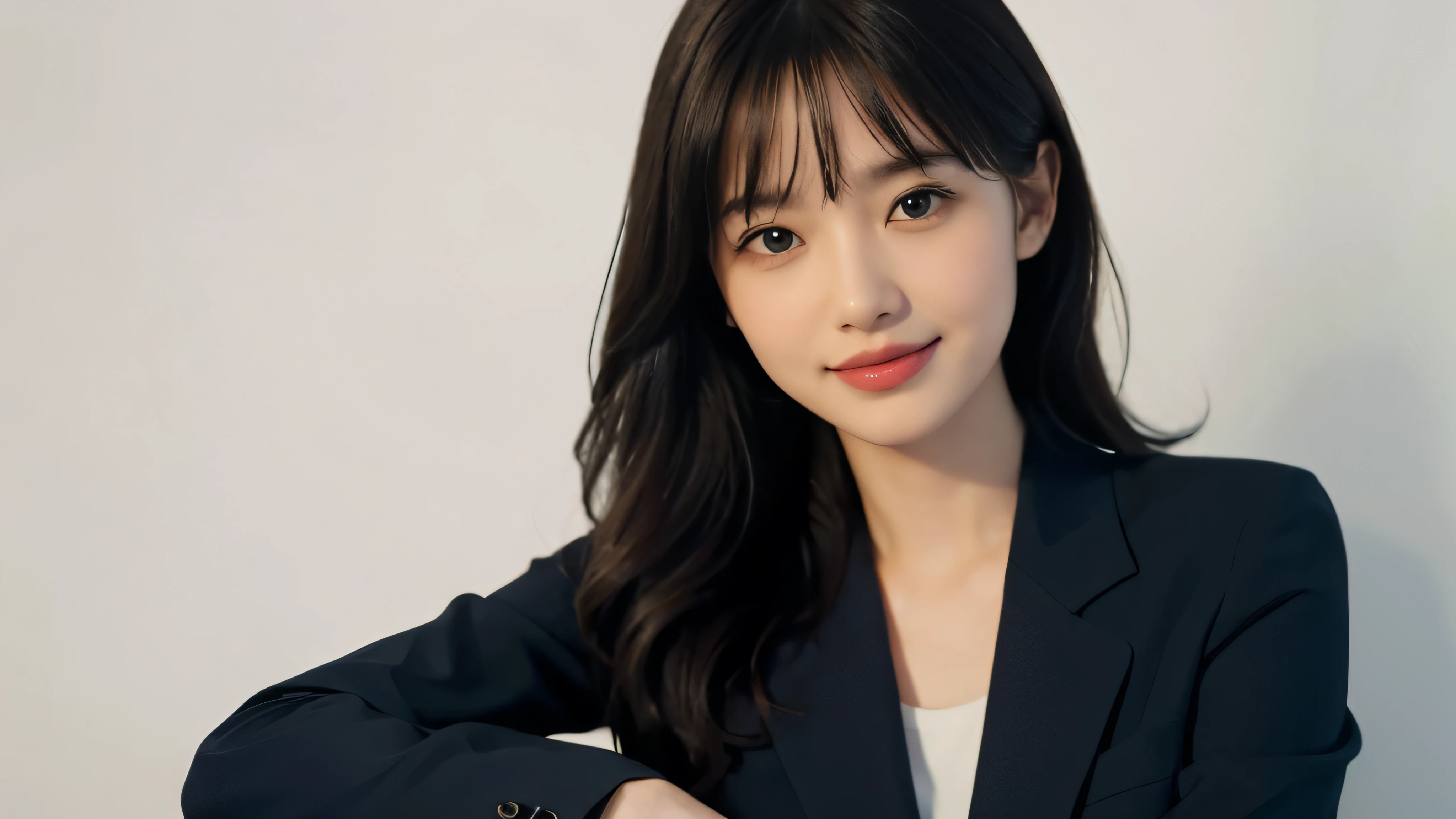 (Realistic: 1.4), (highest quality: 1.4), (Fine grain), Full body shot, ((White background)), ((Watching the audience)), ((One adult woman)), Black Hair, ((Navy blue suit)), Wide eyes, Blushed face, ((smile)), Highly detailed face and skin texture, Healthy Skin, 8k resolution
