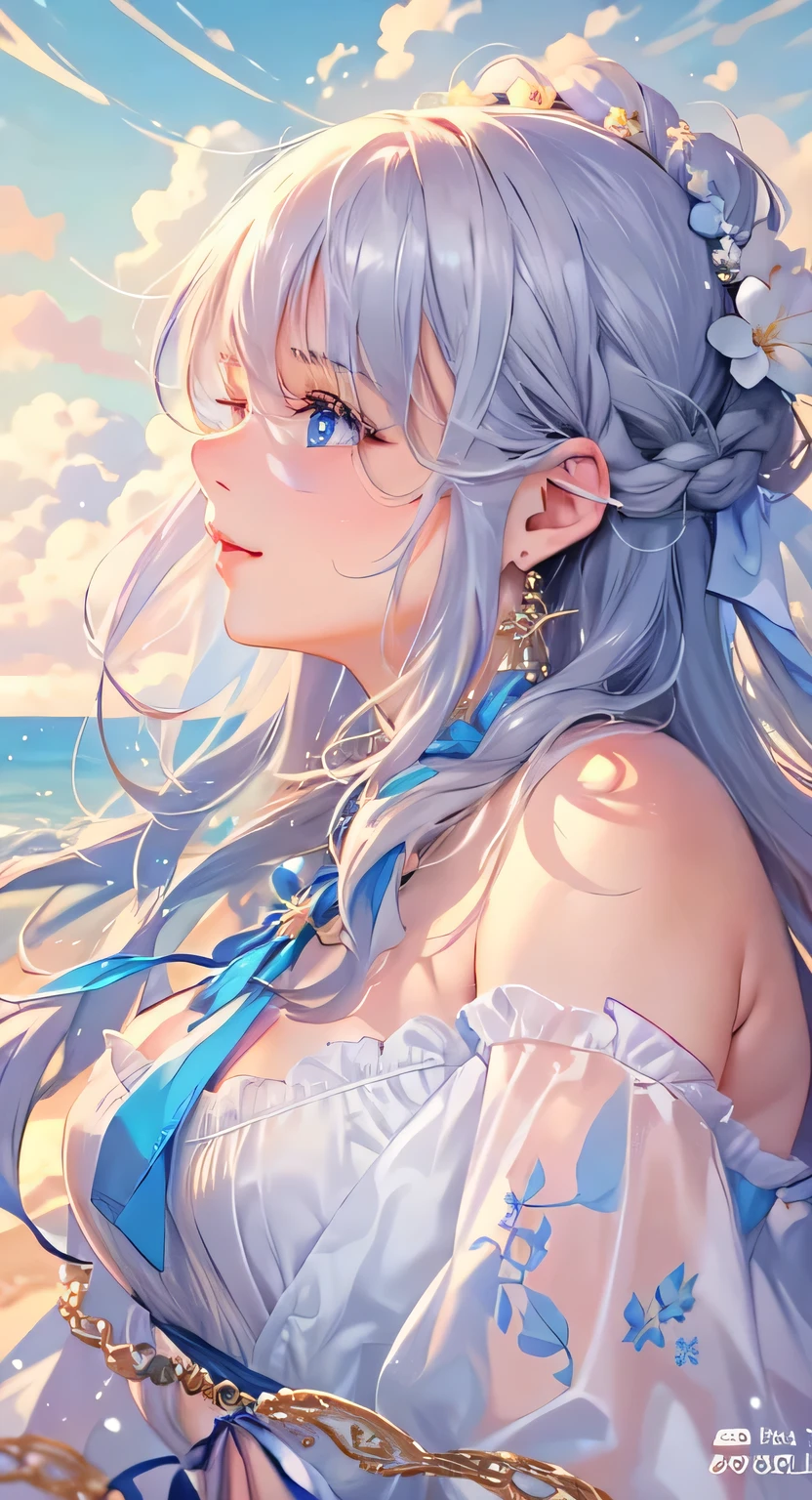 ((highest quality)), ((masterpiece)), (Get used to it), Perfect Face , masterpiece、highest quality、High resolution、High-quality images、8k, 1 female、Skin Radiance、Texture of skin and clothing、Expression of fine eyes、Shiny bright golden hair,Girl with long braided hair, Manga inspired by Lee Jong-suk, Trending on deviantart, realism, detailed manga style, Manga art style, Perfect Line Drawing, Beautiful line art, digital manga art girl, K-POPアイドル, Beautiful Blue Eyes, Lips become thicker, Gorgeous face with attention to detail, (Cute Smile), charm, Innocent, Side view, (Perfectly detailed face), (Beautiful Hands) Photorealistic images, Written boundary depth, 20th Generation ,beautiful girl , hair ornaments , off shoulder tops , big breasts , protruding shoulders , I can see her cleavage ,(Standing on the beach, looking to the side with a sad expression:1.3),Look at the ocean and the sunset,At sunset,Waves crashing on the beach,sunlight,Light on the face