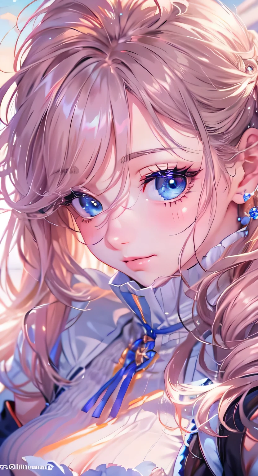 ((highest quality)), ((masterpiece)), (Get used to it), Perfect Face , masterpiece、highest quality、High resolution、High-quality images、8k, 1 female、Skin Radiance、Texture of skin and clothing、Expression of fine eyes、Shiny bright golden hair,Girl with long braided hair, Manga inspired by Lee Jong-suk, Trending on deviantart, realism, detailed manga style, Manga art style, Perfect Line Drawing, Beautiful line art, digital manga art girl, K-POPアイドル, Beautiful Blue Eyes, Lips become thicker, Gorgeous face with attention to detail, (Cute Smile), charm, Innocent, Side view, (Perfectly detailed face), (Beautiful Hands) Photorealistic images, Written boundary depth, 20th Generation ,beautiful girl , hair ornaments , off shoulder tops , big breasts , protruding shoulders , I can see her cleavage ,(Standing on the beach, looking to the side with a sad expression:1.3),Look at the ocean and the sunset,At sunset,Waves crashing on the beach,sunlight,Light on the face