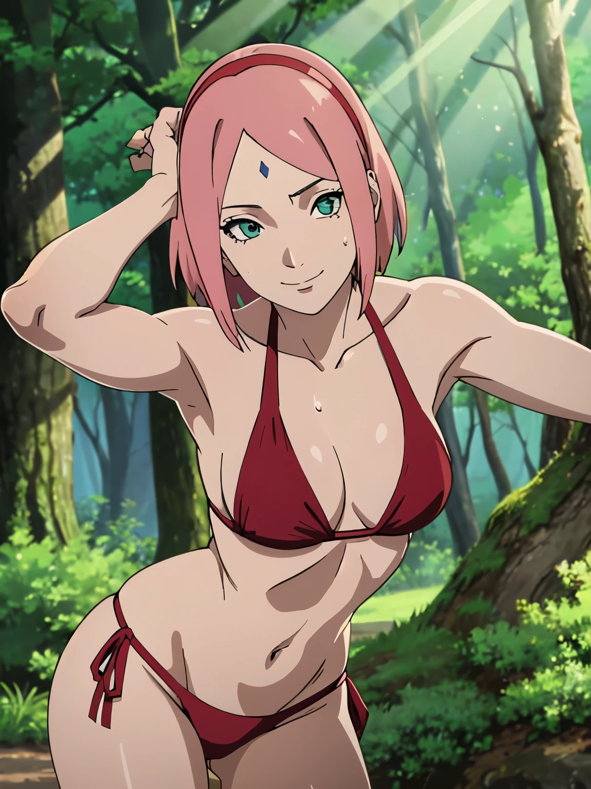anime style, solo, 1 woman, warm, from right, close view, ( laying on tree, sweating body), super ultra details, bold drawing lines, very high resolution, perfect anatomy, ultra detailed face, high vibrance, (blue light), ((cold colors)), 1girl, haruno sakura, (slim body, warm skin, thin belly , off-shoulders, biceps, slim arms, leaning forward, forehead mark, smile, hand leaning), ((red string bikini, red hair band)), looking at viewer, (forest), floating hair, big smile, cowboy shot, (reddish hair, detailed hair, missy hair, short hair), spring time, attractive colors