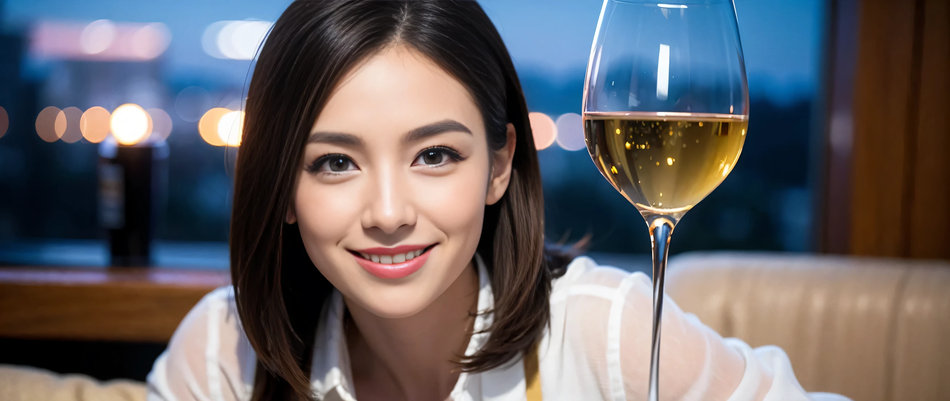 ((highest quality、8k、masterpiece:1.3))、Sharp focus:1.2、Beautiful woman perfect body:1.4、Slim body、((Bob Hale、Straight hair:1.2))、(to be born, highest quality, masterpiece:1.5), (Realistic, Intricate details:1.2), Ultra-high resolution, shine a light on your face、Spectacular view of the sunset sky and clouds、Amazing mountain views、A bright smile、wine glass、red wine 、Appetizer、Italian food、Wine bottle、Champagne、sparkling wine、, Beautiful Face, blue eyes, The light shines on your face, Blushing, short hair,Bright Face、Fox face、 (42 years old), 39 years old, Lady、Two beauties、brown hair、Shortcuts、Long sleeve shirt、dress、Pretty Woman 1, (slim face), (The body is slim), (brown hair), (Shortcuts), cheeks turn a little red,charming beauty、, Out of the window, A beautiful and detailed night view unfolds.........., restaurant, In a prominent place (From the waist up) Nova Frog Style, actress, model, Upper Body, White wine, slim, wine glass, A wine glass placed in the middle, smile, (smile: 1.15), Beautiful fine grain, Depth f/2,saturation, High Contrast, Strong light and shadow,Moist Body:1.5、3D texture、Delicate eyes、brown hair、The hair is very shiny、