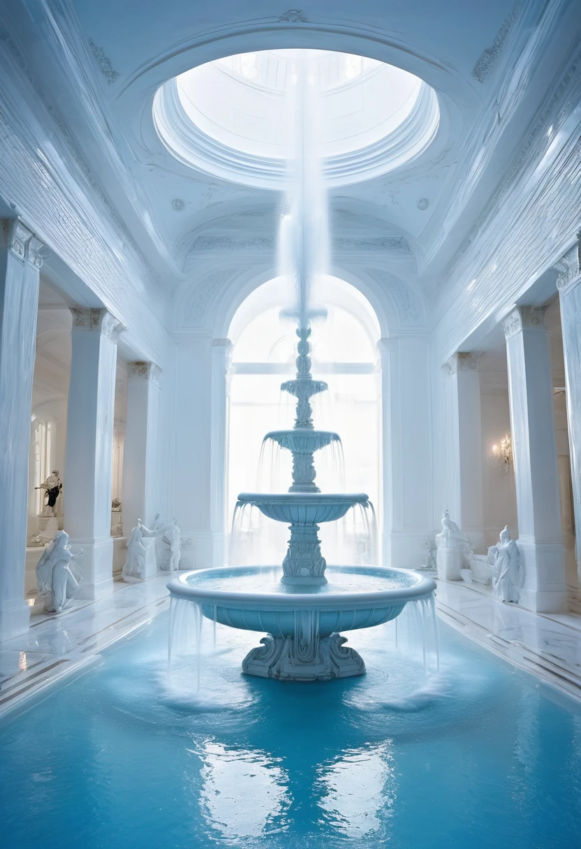 Light blue-white tones，Gorgeous interior space，Blend in with the beautiful white building，All white interior fantasy scene，((Super spectacular fountain))，(Super rich fountain)，Fountains at different levels，Transformation crystal，Ice crystals，Super quality，masterpiece，Super refined，A lot of detail，Splashing water droplets，feeling of mist，water vapor eruption, Greek statues