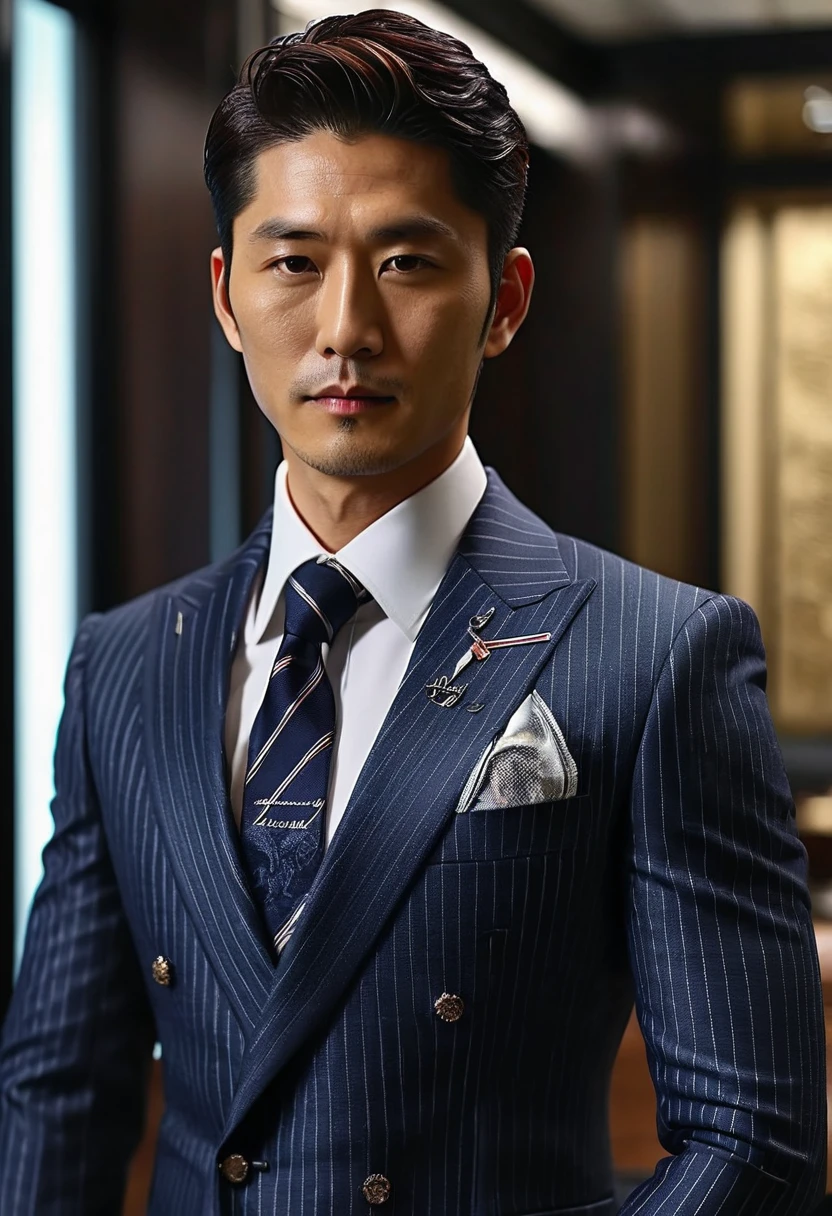 30-year-old refreshing and handsome new employee、(Super handsome guy in S-class suit)、Japanese 30-year-old man、 merchant、 ultra luxury suit、 striped suit、 office、 S class young handsome man standing in suit、(The photos are real)、((top quality))、Super detailed、 (masterpiece)、 Ultra high quality、 High、 gentleman、(masterpiece)、 Ultra high quality、 High、 gentleman、0very beautiful hair、 bright photos、 As handsome as a model、 As handsome as an idol、 luxury watches.