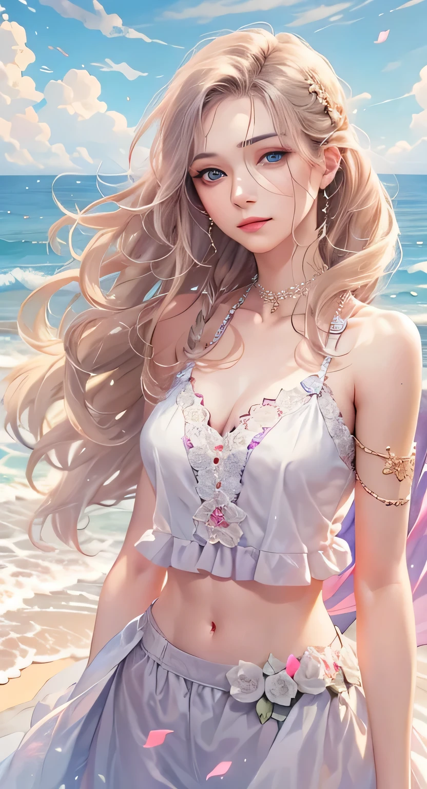 ((highest quality)), ((masterpiece)), (Get used to it), Perfect Face , masterpiece、highest quality、High resolution、High-quality images、8k, 1 female、Skin Radiance、Texture of skin and clothing、Expression of fine eyes、Shiny bright golden hair,Girl with long braided hair, Manga inspired by Lee Jong-suk, Trending on deviantart, realism, detailed manga style, Manga art style, Perfect Line Drawing, Beautiful line art, digital manga art girl, K-POPアイドル, Beautiful Blue Eyes, Lips become thicker, Gorgeous face with attention to detail, (Cute Smile), charm, Innocent, Side view, (Perfectly detailed face), (Beautiful Hands) Photorealistic images, Written boundary depth, 20th Generation ,beautiful girl , hair ornaments , off shoulder tops , big breasts , protruding shoulders , I can see her cleavage ,(Standing on the beach, looking to the side with a sad expression:1.3),Look at the ocean and the sunset,At sunset,Waves crashing on the beach,sunlight,Light on the face