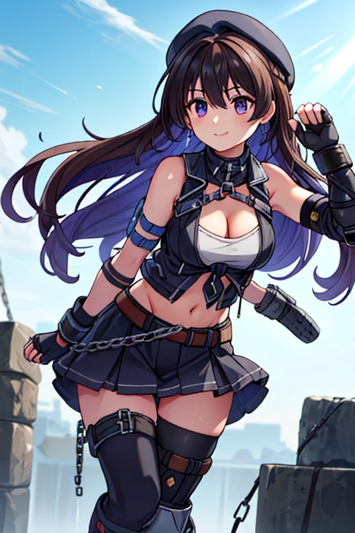 (Thynasha:1.2),dark blue hair,very long hair, purple eyes,(beautiful detailed eyes:1.0), extremely detailed face, perfect lighting, hair between eyes,bangs, (black beret, black jacket, open clothes, cleavage, midriff, black medium skirts, black thighhighs, thigh strap, fingerless gloves, single glove:1.2), Photo,sharpness, F1.6 lens,hyper-realistic textures,spectacular light textures, Cinestil 800 Fashion Mechanics,(((Beautiful woman with left leg restrained by chains))),Appearance,Beautiful girl with accentuated slender abs: 1.1,six-pack abs: 1.1, Bust Botox,Standing on tiptoe, long legs,Long brown hair fluttering in the wind,Brown hair, Long hair, Female Warrior Costume,(No panties,No bra),(tacticul battle fashion,elbow and knee tacticul battle fashion, battle glove: 1.1),((cute batre costume)),The belly comes out and the navel is visible,Thin sheer costume, combat gloves,shredded costumes,cyber long combat boots with golden knee pads,Anatomical,(futuristic sci-fi battle fashion, new elbow and knee cyberpads, new cyberlong boots, new cybergloves: 1.1),(tied perfectly by iron chain:1.3), Restraint, Slave, collars, contempt, (Chained), 4 chains hung from heaven, Metallic shackles and fetters, wet crotch clearly visible,((Hands are restrained above the head)), the neck is chained,Chain from left knee to heaven,Chained by rusty iron chains,((the tip is protruding, areolas protruding,The shape of the pubic harearea is clearly visible:0.9)),Sweating,Wet,Wet crotch,Wet thighs,Junkyard, Realistic, (cute, perfect clothes, skimpy clothes, cute: 1.3) ,Vast miritary base in us,((wide mirtary hospital with summer sunlight)), peeling ceilings, Rebar between, Realistic material details, Extreme details, Ultra-realistic materials,narrow waist,(with sparkling eyes and a contagious smile:0.9),looking at viewer,