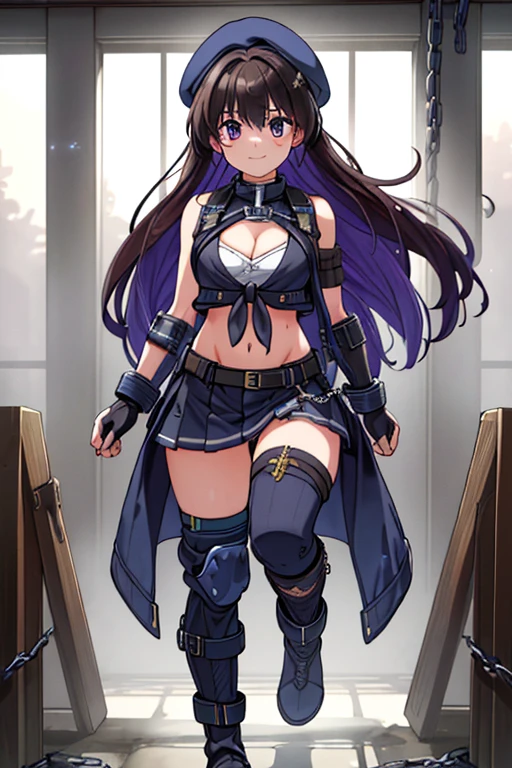 (Thynasha:1.2),dark blue hair,very long hair, purple eyes,(beautiful detailed eyes:1.0), extremely detailed face, perfect lighting, hair between eyes,bangs, (black beret, black jacket, open clothes, cleavage, midriff, black medium skirts, black thighhighs, thigh strap, fingerless gloves, single glove:1.2), Photo,sharpness, F1.6 lens,hyper-realistic textures,spectacular light textures, Cinestil 800 Fashion Mechanics,(((Beautiful woman with left leg restrained by chains))),Appearance,Beautiful girl with accentuated slender abs: 1.1,six-pack abs: 1.1, Bust Botox,Standing on tiptoe, long legs,Long brown hair fluttering in the wind,Brown hair, Long hair, Female Warrior Costume,(No panties,No bra),(tacticul battle fashion,elbow and knee tacticul battle fashion, battle glove: 1.1),((cute batre costume)),The belly comes out and the navel is visible,Thin sheer costume, combat gloves,shredded costumes,cyber long combat boots with golden knee pads,Anatomical,(futuristic sci-fi battle fashion, new elbow and knee cyberpads, new cyberlong boots, new cybergloves: 1.1),(tied perfectly by iron chain:1.3), Restraint, Slave, collars, contempt, (Chained), 4 chains hung from heaven, Metallic shackles and fetters, wet crotch clearly visible,((Hands are restrained above the head)), the neck is chained,Chain from left knee to heaven,Chained by rusty iron chains,((the tip is protruding, areolas protruding,The shape of the pubic harearea is clearly visible:0.9)),Sweating,Wet,Wet crotch,Wet thighs,Junkyard, Realistic, (cute, perfect clothes, skimpy clothes, cute: 1.3) ,Vast miritary base in us,((wide mirtary hospital with summer sunlight)), peeling ceilings, Rebar between, Realistic material details, Extreme details, Ultra-realistic materials,narrow waist,(with sparkling eyes and a contagious smile:0.9),looking at viewer,