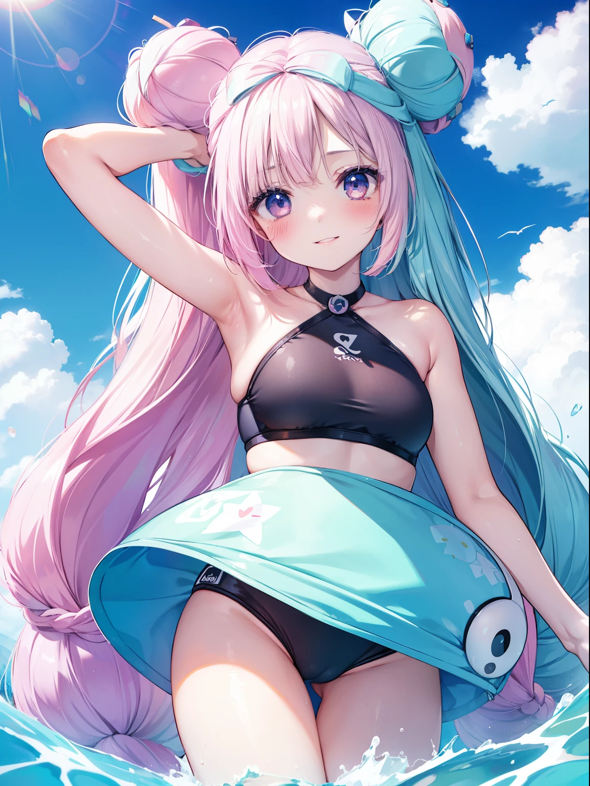 Nanjamo、Good looking girl (blush, Perfect Face), independent , Looking at the camera, masterpiece, Anime art style, Cute Characters, Most detailed, high quality、Nico Nico Smile、long bun hair、、Half blue and half pink hair、Showing armpits、Swimwear