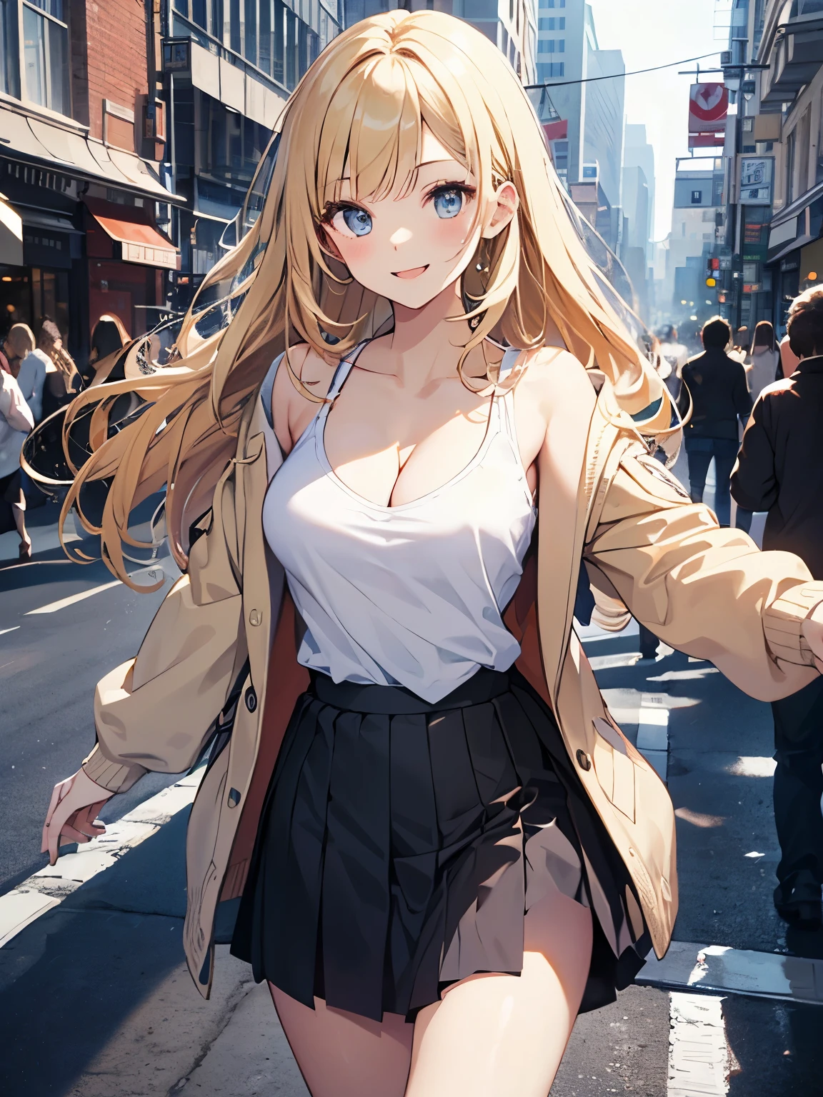 1 girl, Stroll around the city、blondeの女の子、Cowboy Shot、White T-shirt、cardigan、skirt、smile、blonde、Medium Long Hair、、Cleavage、Narrow waist、Thin thighs
