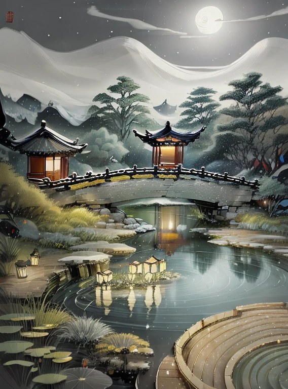 masterpiece,best quality,Chinese martial arts styles,Snowy night scene in Asia，Lanterns and water lilies,Asian pond at night，There are many lanterns and boats in the water, snowflake ,Lake, lotus,beautiful night view,(((Chinese martial arts styles))), and the vast sky, Rolling mountains and steep cliffs, Ink style, Rim Light, atmosphere, Depth of Field, mist rising, bamboo, pine, Octagonal Stone Pavilion, Waterfall,Big Full Moon,(have no color) , monochrome, Light Color,
