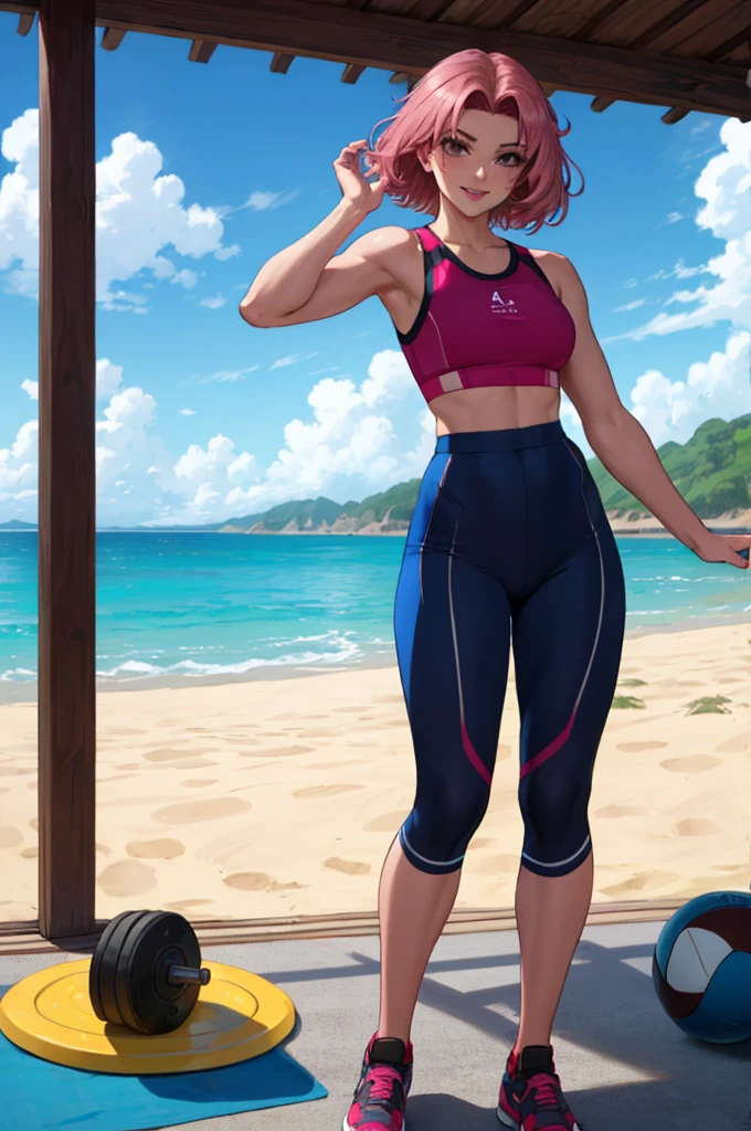 masterpiece, ultra-detailed, 80's anime (style), 2D, megapixel, perfectionism, full HD , 4K, (windjammers:0,9), sport game, mature anime woman, 1girl, looking at viewer, full body, brown hair and pink hair, short hair, weird hair, smile, lips, eyelashes, small breasts gym_uniform, gym shorts, headband, sports bra, elbow pad, knee pad, top sport armor, extreme sports outfit 80's theme, beach background, frisbee, flying disc, flying disc game, beach court, sea, sun in the sky, sports wear, woman