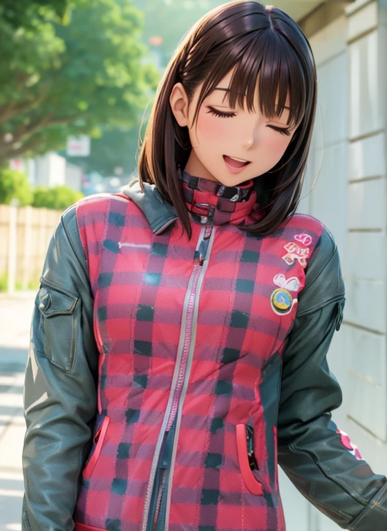High resolution,In 8K,highest quality,detailed,Semi-realistic anime,Anime 3D Style,Smooth anime CG,One Girl,19-year-old woman in Japan,slim,Modeled,Shiny brown hair,Medium Hair,detailedな顔,Beautiful and detailed,Glowing Skin,Checkered motorcycle wear,straggling hair,Angelic hairstyle,((eyes closed)),((Laughter)),(Small breasts),((Looking at the camera)),((Open your mouth)),