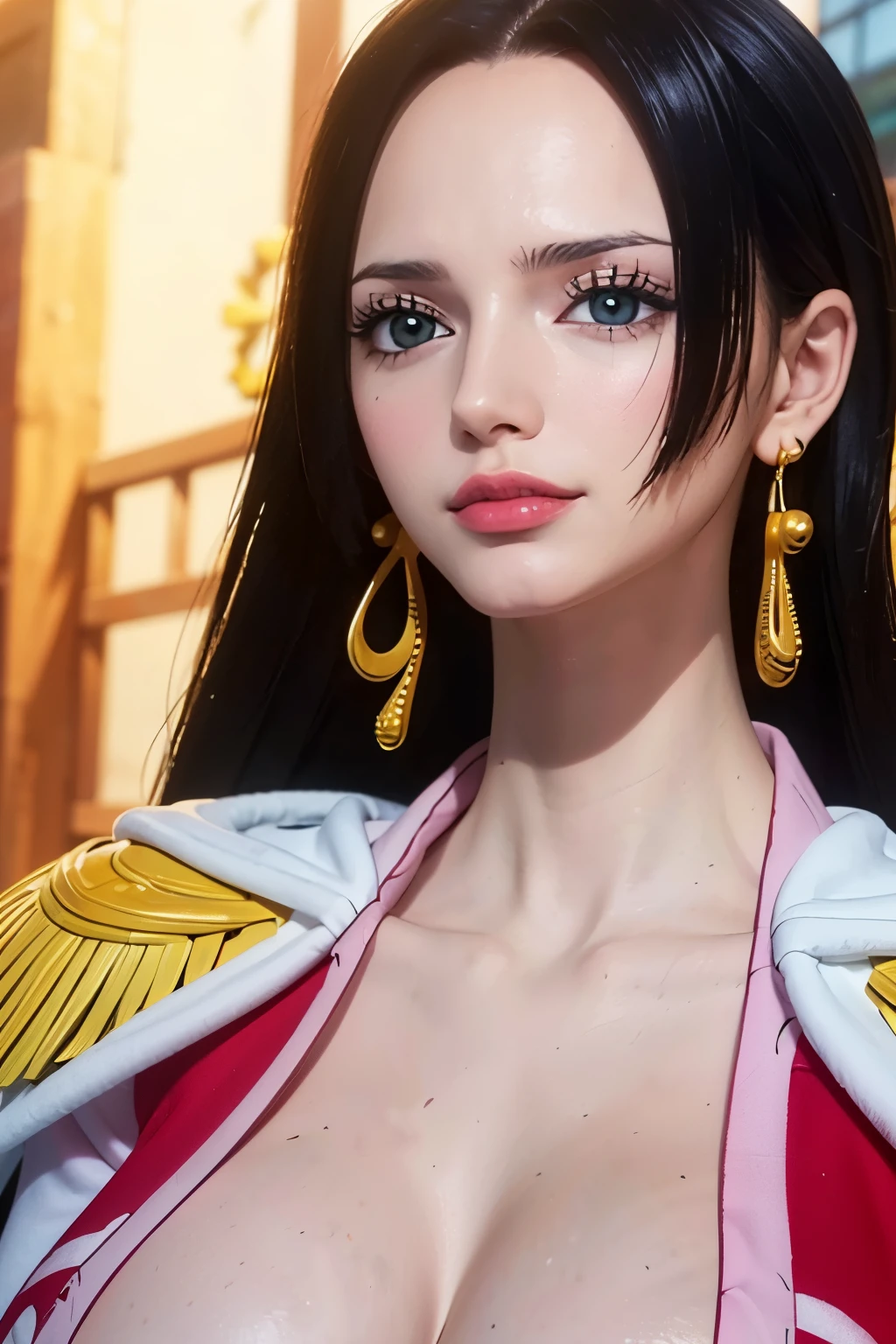 (masterpiece), (best quality), (actual), Nikon RAW photos, Fuji XT3, (detailed, 21 year old captain, big eyes, Snake gold earrings, look away), Sensual, (ultra detailed), 8K, 4K, complex, superior_Body, detailed_Face, best lighting, outdoor, cosmetic, Bleached background, Lower floor,(masterpiece, best quality:1.4), (Face focus:1.5), external, (close to the sea), 1 girl, alone, Hancock 1, 1 girl, Boa Hancock, big breasts, split, long hair, epaulettes, cape, (white cape:1), crop top, long sleeve, side slits, (european young women:1), looking at the audience, beautiful smile, beautiful Face, highly detailed Face, highly detailed eyes, subsurFace scattering, actual pupils, full Face blush, plump lips, detailed background, depth of field, Volumetric lighting, sharp focus, Ridiculous, actual proportions, (actual, hyperactual:1.4), 16k high dynamic range