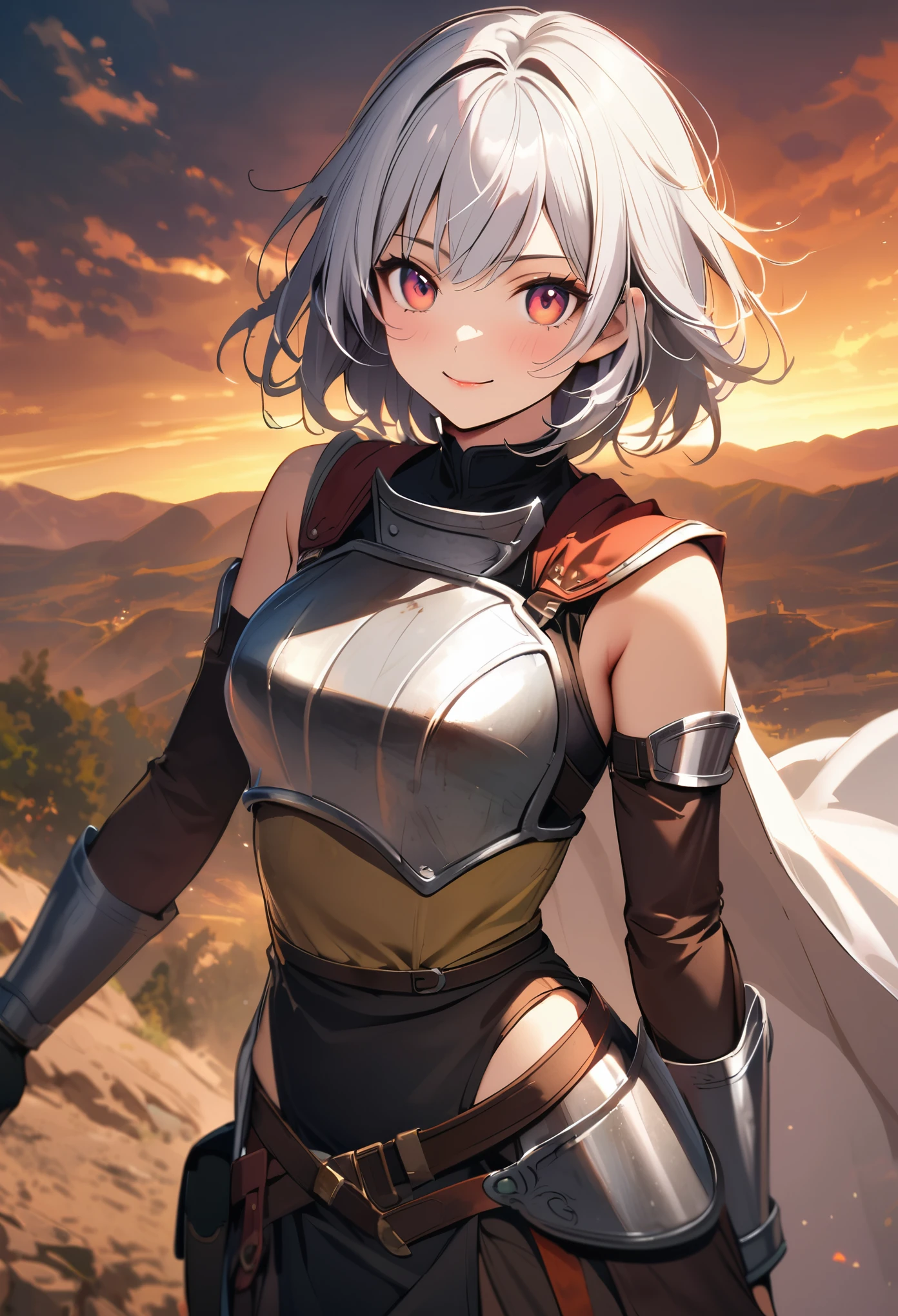 An anime girl adventurer with short white hair. She is smiling at the viewer. She is holding a sword. She is wearing a half-plate cuirass. She has short white hair. Ultra-detailed semi-realistic anime style. Fantasy background. PIXIV trending.