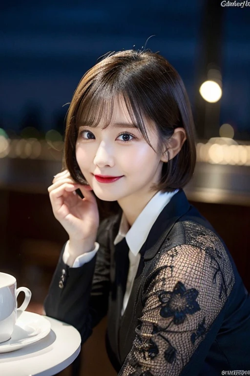 (8k, highest quality, masterpiece:1.2), (Realistic, photo-Realistic:1.37), Very detailed, 1 girl, cute, alone, Beautifully detailed skies, Detailed Cafe, night, Sitting, Date, (Red nose), (smile:1.15), (Mouth closed) Small , Beautiful fine details, (Collared shirt:1.1), night, Wet, business suit, rain, white lace, (short hair:1.2), Floating Hair NovaFrogStyle, topless,