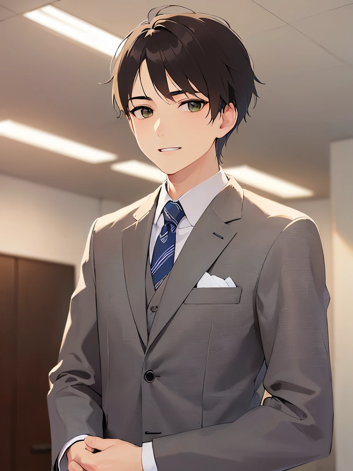 masterpiece、highest quality、(25-year-old male:1.5) and (Brown short hair) and (Green Eyes), (Wearing a suit:1.3)、Wearing a white shirt、Wearing a blue tie、Are standing、grin、The background is the office、(Alone:1.5)、Upper body is shown、