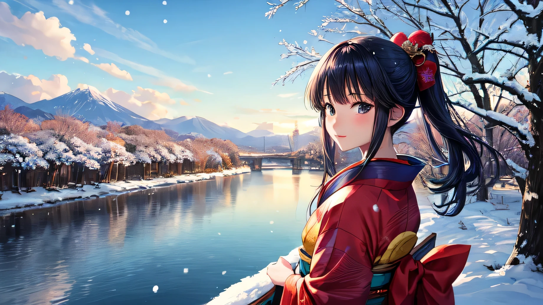 for anime,A beautiful woman in a Japanese kimono is looking at the scenery by the river,snow