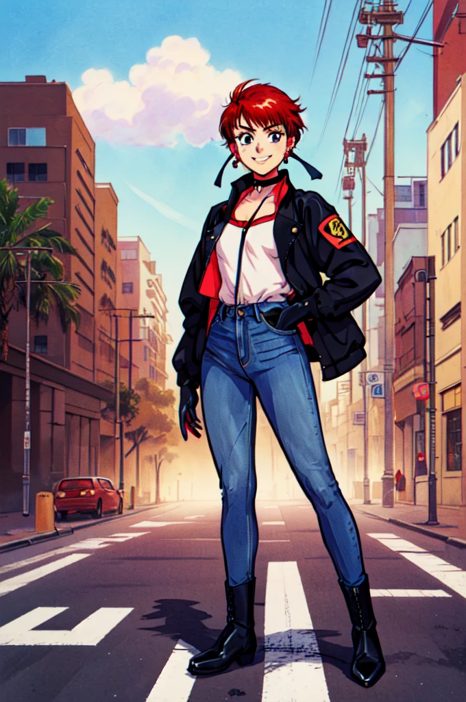 a Sukeban girl in the art style of persona5 and in the art style of street of rage 4, delinquent, (Sukeban), mature female, blush, mature, older woman, 26 years old, Sukeban teacher outfit, ((((1girl, solo female, solo, solo focus:1,9)))++++, choker, Sukeban teacher, Sukeban fighter, long sleeves, open jacket, blue jacket,( jeans)+++, light skin tone female, (full body)+++++, jacket, biker jacket, tape, arm support, gloves, red gloves, bridal gauntlets, nail polish, boots, black footwear, fighter outfit, (full body)+++++++, hourglass, mature face, cheeky smile, cheeky face, wrinkles, (((((red hair, short hair, earrings, ear piercings)))), red eye, fighting art, Martial arts, standing, fighting stance, fight, fighting), extra colors, 2D, megapixel, perfectionism, accent lighting, full HD , (Masterpiece:1.2), (full-body-shot:1),(cowboy shot:1.2), (Highly detailed:1.2),(anime Detailed Face:1.2), Colorful, A detailed eye, (Detailed landscape:1.2), (natural lighting:1.2), ((Sukeban school teacher)) by Vincent Di Fate: Aidyllery, Anamorphic Shot, rule of thirds, face by Artgerm and WLOP, ((street of rage 4 city backround)), fictive city backround in the style art of street of rage 4, gainax anime style, studio gainax art, studio gainax illustration, inspired by Masamune Shirow, studio gainax, by Masamune Shirow, beautiful charcter from evangelion, street of rage 4 art, street of rage 4 illustration,