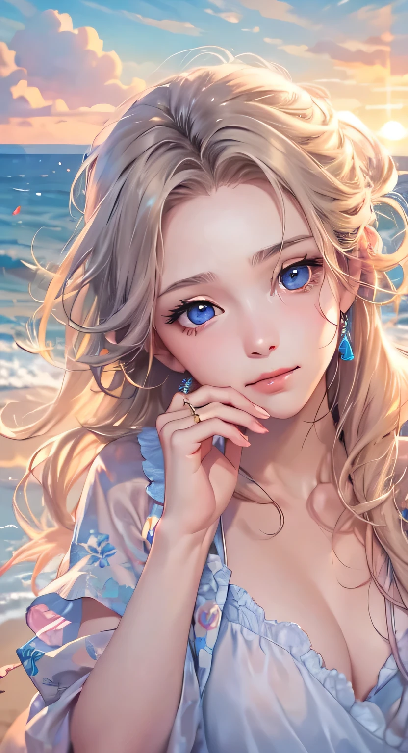 ((highest quality)), ((masterpiece)), (Get used to it), Perfect Face , masterpiece、highest quality、High resolution、High-quality images、8k, 1 female、Skin Radiance、Texture of skin and clothing、Expression of fine eyes、Shiny bright golden hair,Girl with long braided hair, Manga inspired by Lee Jong-suk, Trending on deviantart, realism, detailed manga style, Manga art style, Perfect Line Drawing, Beautiful line art, digital manga art girl, K-POPアイドル, Beautiful Blue Eyes, Lips become thicker, Gorgeous face with attention to detail, (Cute Smile), charm, Innocent, Side view, (Perfectly detailed face), (Beautiful Hands) Photorealistic images, Written boundary depth, 20th Generation ,beautiful girl , hair ornaments , off shoulder tops , mini skirt , big breasts , protruding shoulders , I can see her cleavage ,(Standing on the beach, looking to the side with a sad expression:1.3),Look at the ocean and the sunset,At sunset,Waves crashing on the beach,sunlight,Light on the face