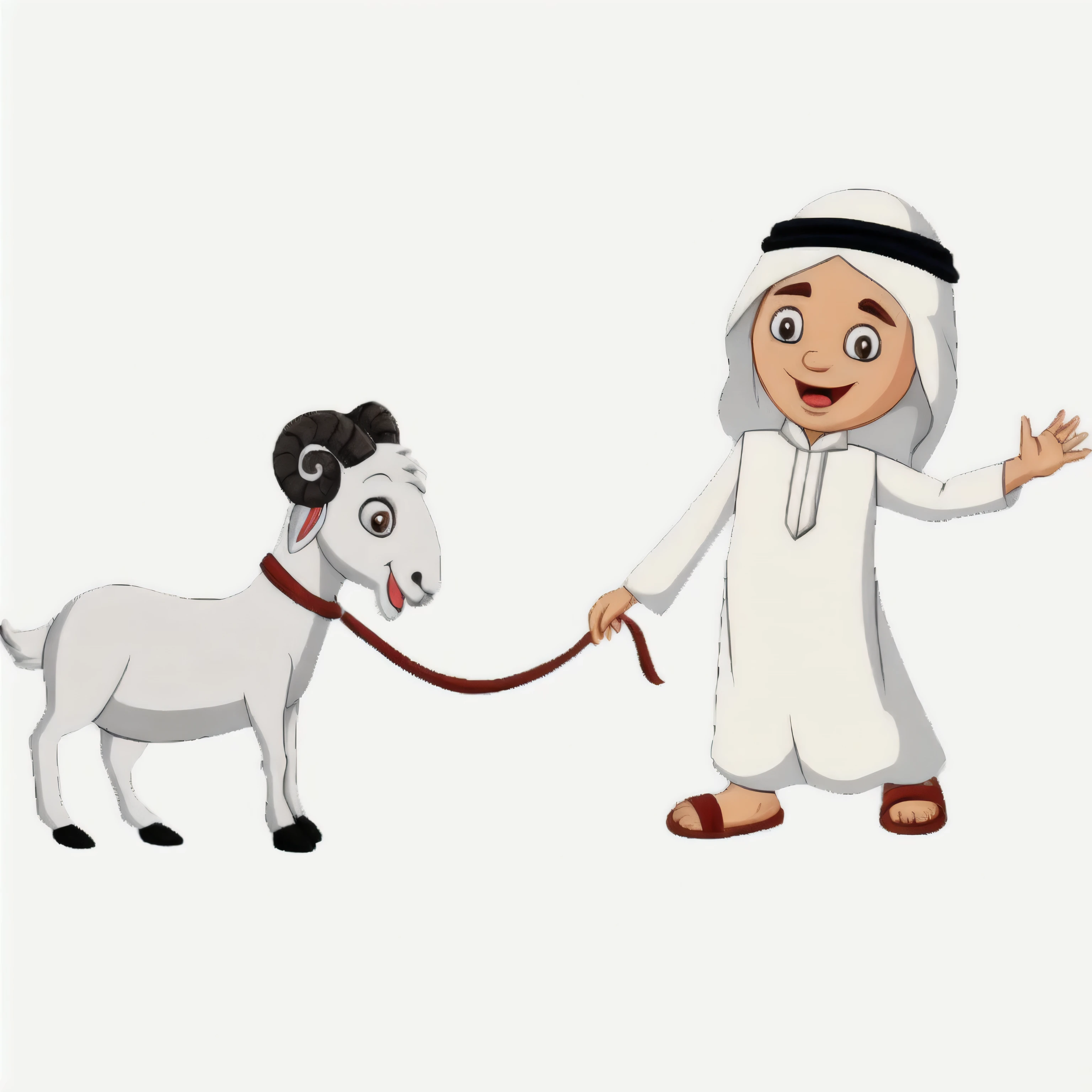 cartoon arab man with goat on leash, an arab standing watching over, arab man, holding a goat head staff, girl and a goat, best on adobe stock, arab, arabian, arabian art, hd illustration, kid, cartoon style illustration, sheikh, arab ameera al taweel, arab man light beard, by Sheikh Hamdullah, funny illustration