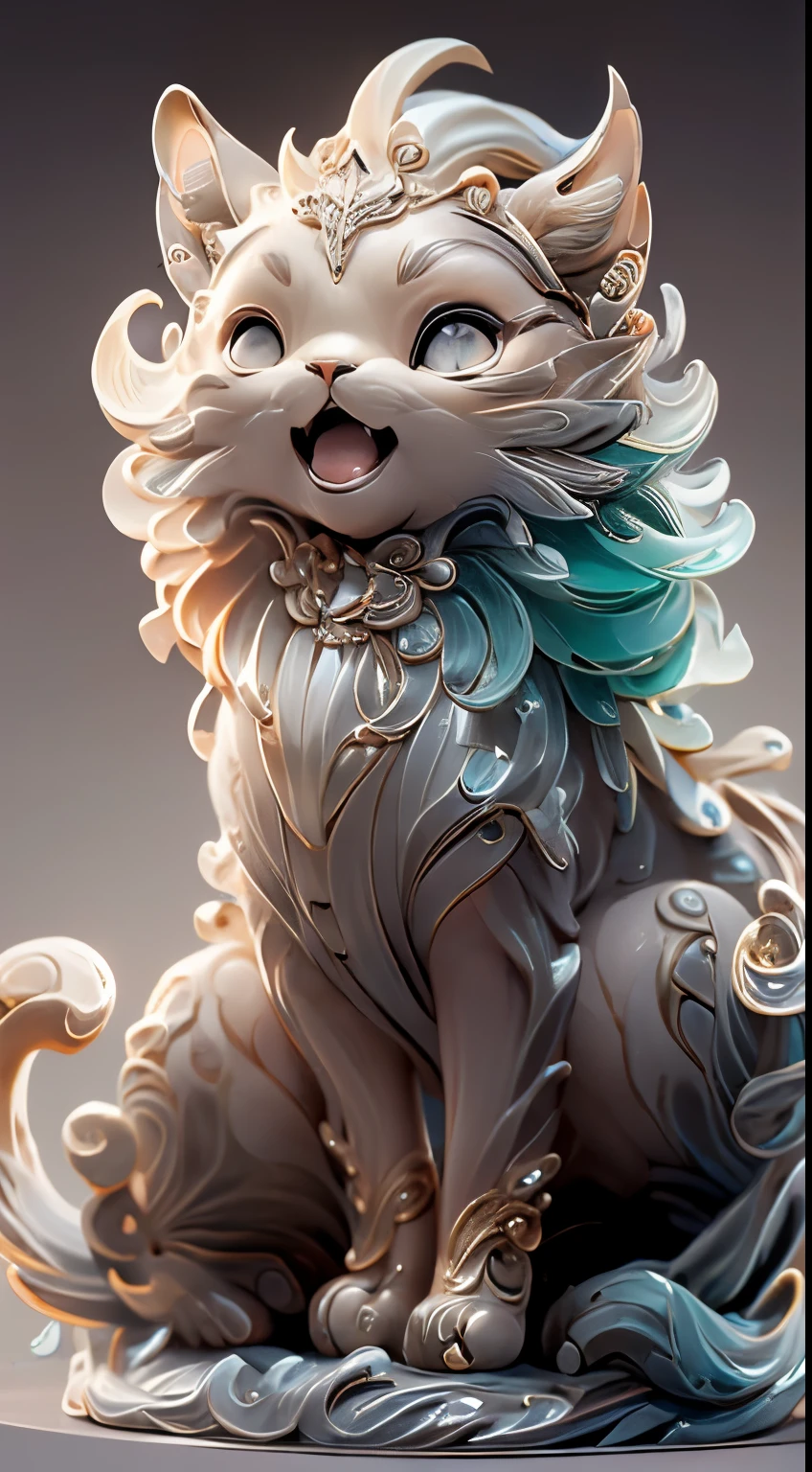 in the shape of a cat,Bling background,Dreamy colors,Transparent statue,florals,Big eyes,red colour,Open-mouthed,laughingly,tmasterpiece,(best qualtiy:1.3), full bodyesbian,Ling_Long