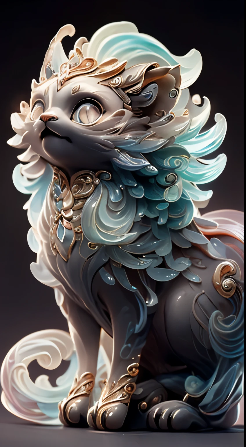 in the shape of a cat，Bling background，Dreamy colors，Transparent statue，florals，Big eyes，red colour，Open-mouthed，laughingly，tmasterpiece，（best qualtiy：1.3）， full bodyesbian，Ling_Long
