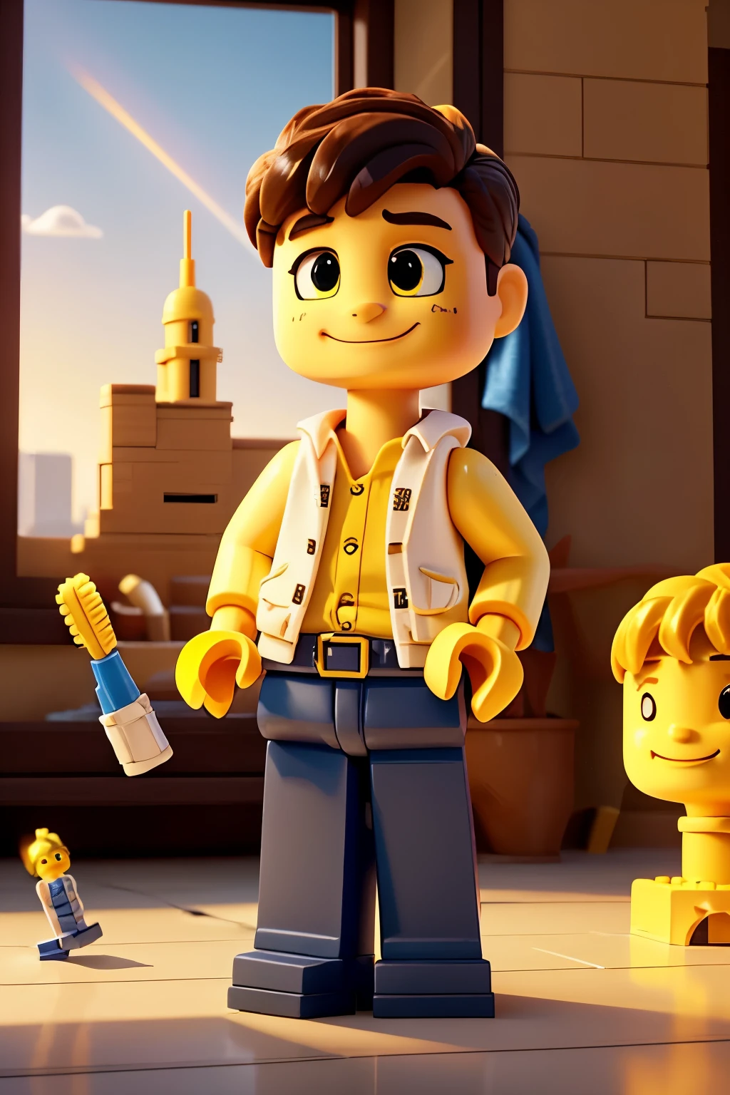 Victor, with a radiant smile, held up the golden toothbrush against the backdrop of the Lego city, bathed in the soft glow of the setting sun. His actions, filled with optimism and determination, sent a wave of hope throughout the Lego world. The sun's rays, filtering through the buildings, illuminated the intricate details of the brick structure, creating a breathtaking tableau. The silence was broken only by the gentle hum of the Lego people going about their daily activities. Victor's message was clear: no matter how small or insignificant one may seem, every individual has the power to make a difference. The golden toothbrush, symbolizing cleanl