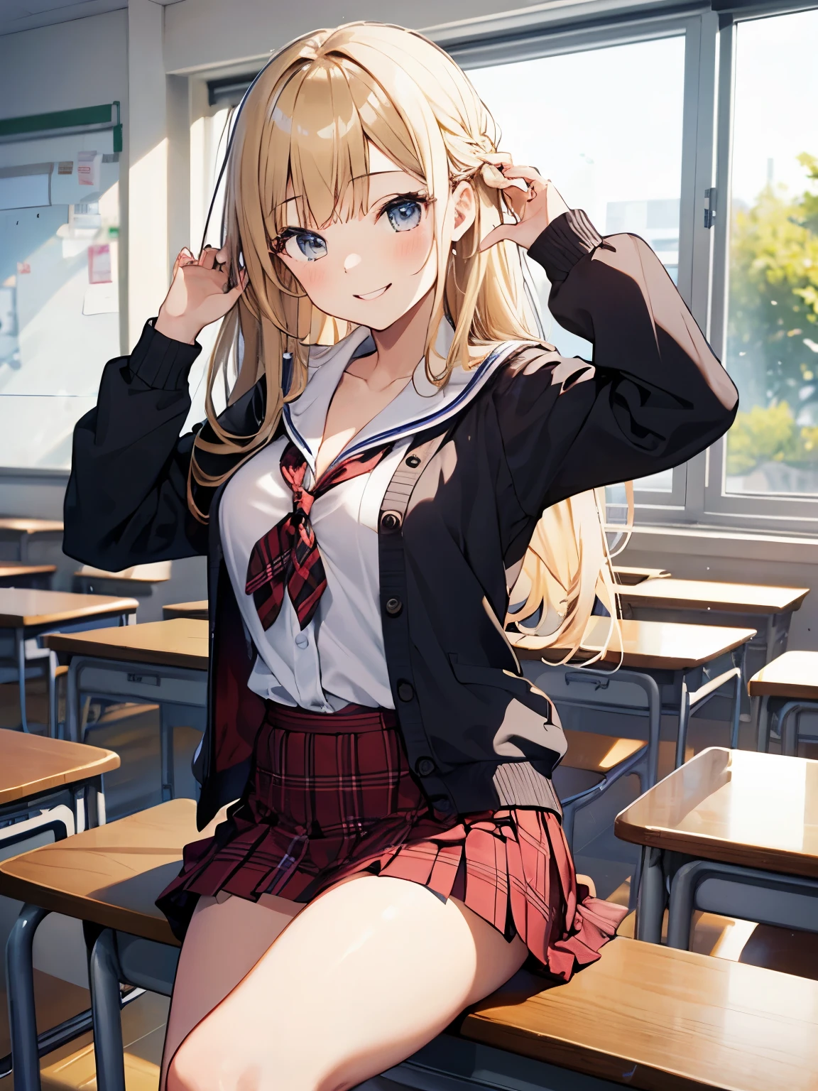 1 girl, School classroom、blondeの女の子、White Sailor Suit、Cleavage、Long sleeve、cardigan、Red Plaid Pleated Skirt、smile、blonde、Medium Long Hair、Narrow waist、Thin thighs