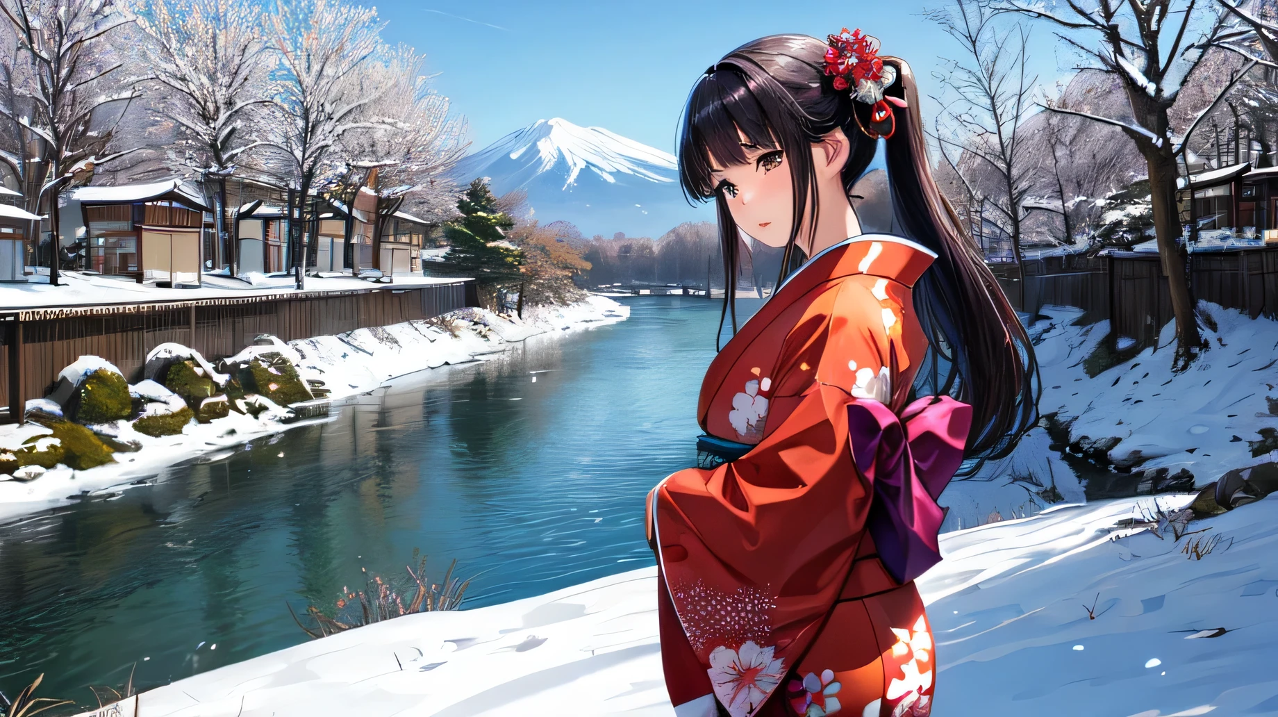 for anime,A beautiful woman in a Japanese kimono is looking at the scenery by the river,snow