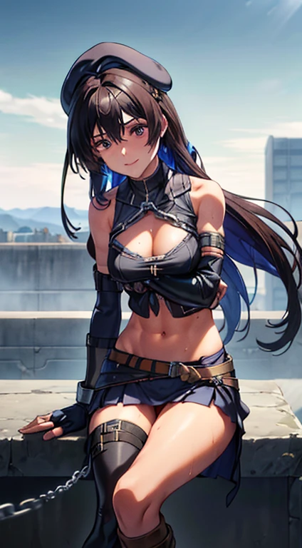 (Thynasha:1.2),dark blue hair,very long hair, purple eyes,(beautiful detailed eyes:1.0), extremely detailed face, perfect lighting, hair between eyes,bangs, (black beret, black jacket, open clothes, cleavage, midriff, black medium skirts, black thighhighs, thigh strap, fingerless gloves, single glove:1.2), Photo,sharpness, F1.6 lens,hyper-realistic textures,spectacular light textures, Cinestil 800 Fashion Mechanics,(((Beautiful woman with left leg restrained by chains))),Appearance,Beautiful girl with accentuated slender abs: 1.1,six-pack abs: 1.1, Bust Botox,Standing on tiptoe, long legs,Long brown hair fluttering in the wind,Brown hair, Long hair, Female Warrior Costume,(No panties,No bra),(tacticul battle fashion,elbow and knee tacticul battle fashion, battle glove: 1.1),((cute batre costume)),The belly comes out and the navel is visible,Thin sheer costume, combat gloves,shredded costumes,cyber long combat boots with golden knee pads,Anatomical,(futuristic sci-fi battle fashion, new elbow and knee cyberpads, new cyberlong boots, new cybergloves: 1.1),(tied perfectly by iron chain:1.3), Restraint, Slave, collars, contempt, (Chained), 4 chains hung from heaven, Metallic shackles and fetters, wet crotch clearly visible,((Hands are restrained above the head)), the neck is chained,Chain from left knee to heaven,Chained by rusty iron chains,((the tip is protruding, areolas protruding,The shape of the pubic harearea is clearly visible:0.9)),Sweating,Wet,Wet crotch,Wet thighs,Junkyard, Realistic, (cute, perfect clothes, skimpy clothes, cute: 1.3) ,Vast miritary base in us,((wide mirtary hospital with summer sunlight)), peeling ceilings, Rebar between, Realistic material details, Extreme details, Ultra-realistic materials,narrow waist,(with sparkling eyes and a contagious smile:0.9),looking at viewer,