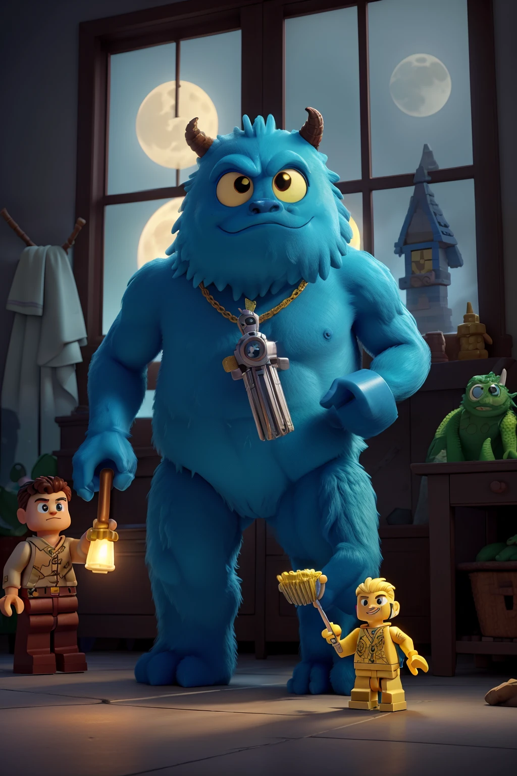 Victor, with a determined expression, stands before the towering Lego monster, his golden toothbrush held firmly in his hand. The moonlight filters through the window, casting an ethereal glow on the battlefield. The monster, made of vibrant Lego bricks, snarls menacingly, its eyes glowing with an ominous light.
Despite the monster's size, Victor remains unfazed. He raises the golden toothbrush, its bristles gleaming in the moonlight, and charges forward. The monster roars and swings one of its legs, but Victor nimbly dodges to the side. He circles around the monster, studying its every move, searching for