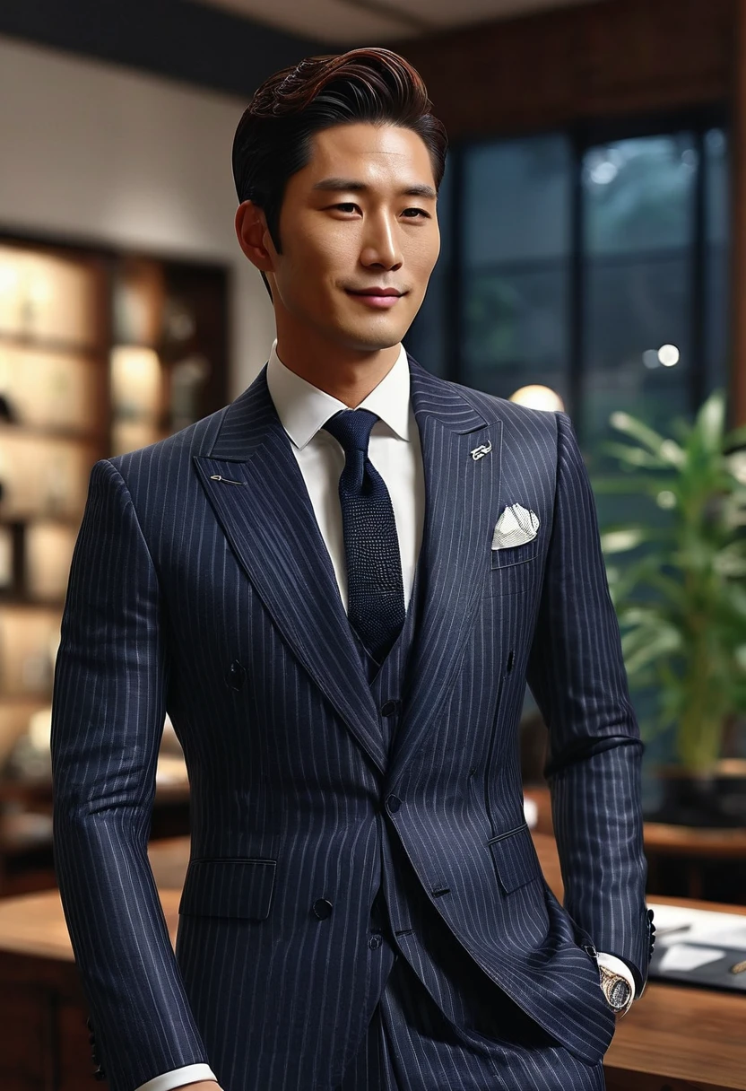 30 years old with a smile on his face. Refreshing and handsome staff、The light on the face is natural and delicate（Super handsome guy in S-class suit）、Japanese 30-year-old man、merchant、ultra luxury suit、　striped suit、　office、　S class young handsome man standing in suit、（High-detail photos from CG Unity 8K）、（The photos are real）、（（top quality））、Super detailed、　（masterpiece）、　Ultra high quality、　High、　gentleman、（masterpiece）、　Ultra high quality、　very beautiful hair、　bright photos、　As handsome as a model、　As handsome as an idol、　luxury watches.