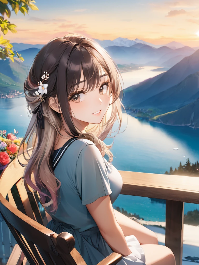 (looking away:5.0),(masterpiece:1.2), (best quality),(ultra detailed),(extremely detailed),(absolutely resolution) ,absurdres,8k, 1girl-drinking-hot-coffee-in-cafeteria-outdoor,sitting-on-the-woody-chair, grin, sunset, from the middle of a mountain, cake, beautiful-landscape-background, mountain, shinny-lake, flowers, windy,
BREAK, ultra detailed eyes, long hair, messy hair, (gradation hair:2.5), tanktops, skirt,