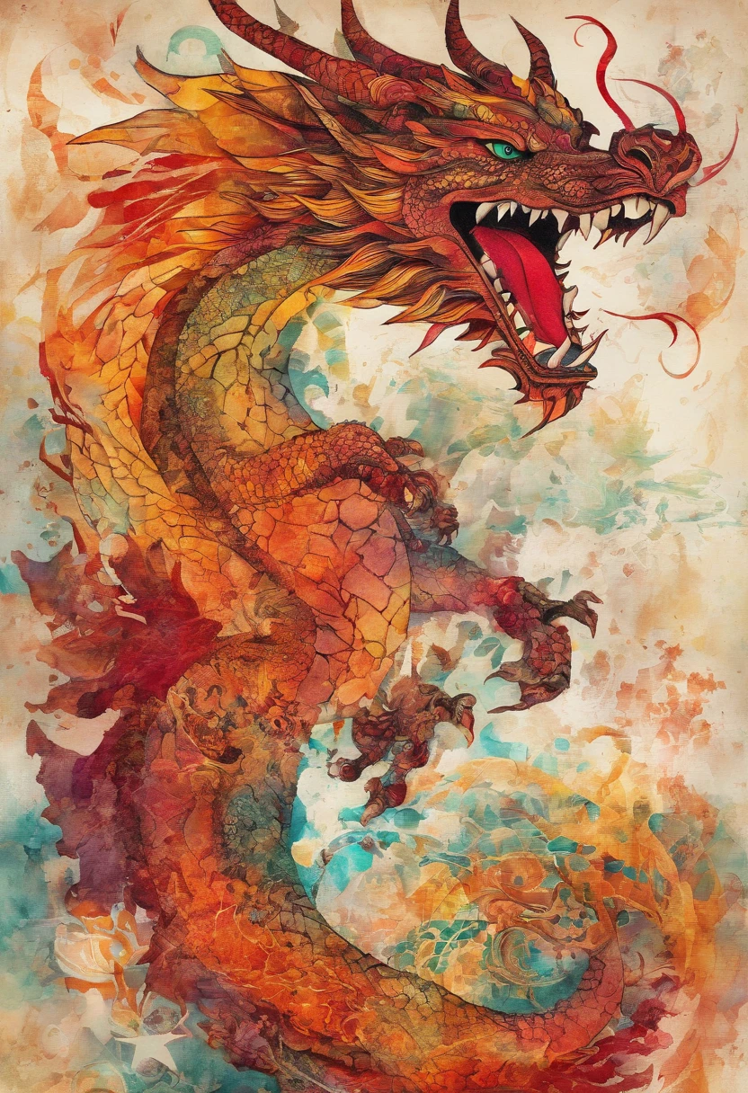 dragon de feu rubis grenat, heureux, posture dansante, fond soleil rayonnant flammes ::2 colorful ink painting ::2 art fantasy