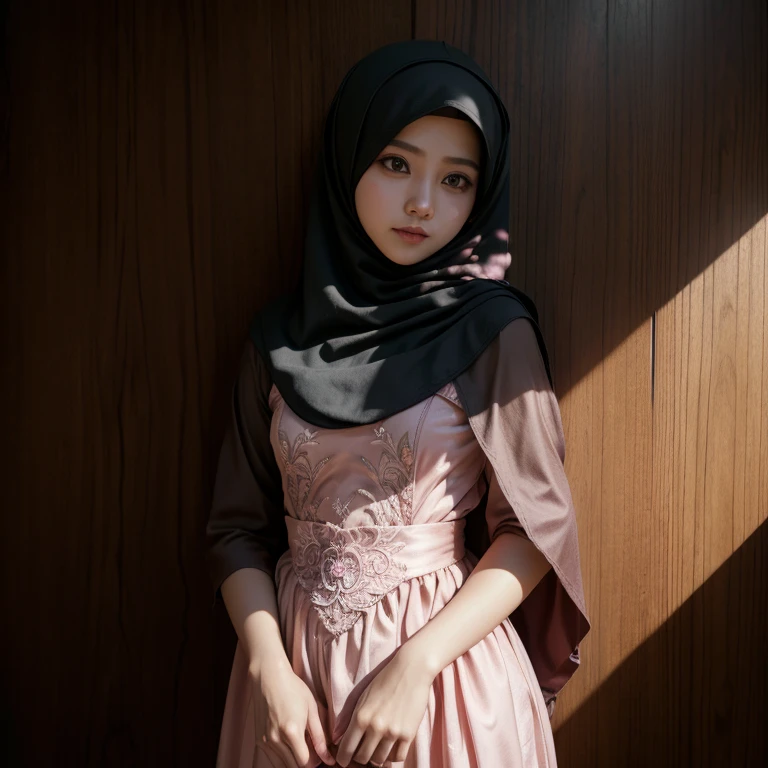 Masterpiece, kualitas terbaik, highres, wanita indonesia hijab dan mengenakan baju satin transparan, cosplayer ninja menatap kamera dengan senyum manis, kesempurnaan dinamis, hijau pink, halus, fokus tajam, ilustrasi, seni, detail wajah, 4k, latar belakang kantoran, mata coklat .