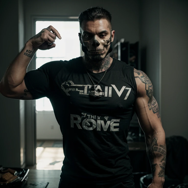 Ghost from Call of Duty wearing casual clothes, at home and wearing his typical skull mask. Tall, strong, muscular, tattooed on his forearms.