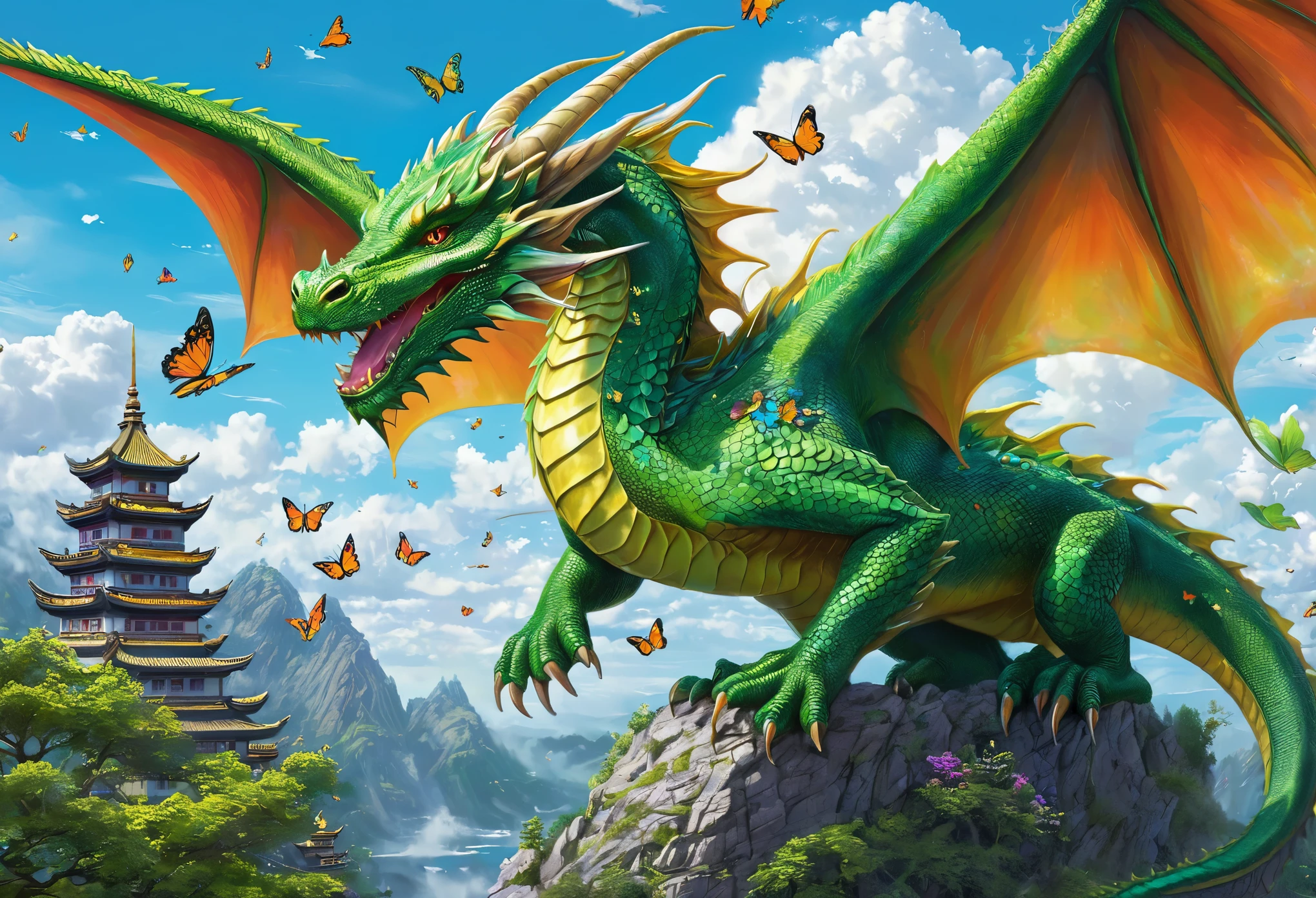 A dragon with butterflies flying in the sky, Detailed fantasy art, Vibrant colors、Attention to detail, green dragon, highly Detailed fantasy art, super detailed color art, Attention to detail色彩, detailed art in color, Dragon Art, Mythical creatures, Highly detailed painting, Magic fantasy highly detailed, Highly detailed painting, detailed dragon, Detailed fantasy illustrations, With a giant dragon in the background