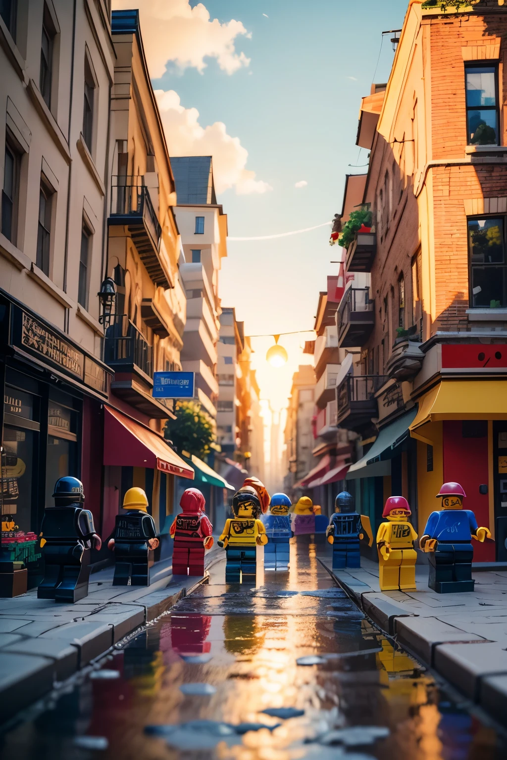 The Lego world returns to peace, with everyone happily gathered together, rejoicing in the tranquility brought by the defeat of the mischief-making gremlins. The once chaos-riddled streets now resonate with laughter and camaraderie, as children and adults alike engage in the simple joy of building and creating. The sun casts a warm glow over the vibrant landscape, reflecting off the colorful Lego bricks and bringing a sense of unity to the once fractured community. A sense of relief and contentment settles in the hearts of all, as they bask in the simplicity and innocence of a world at peace.
