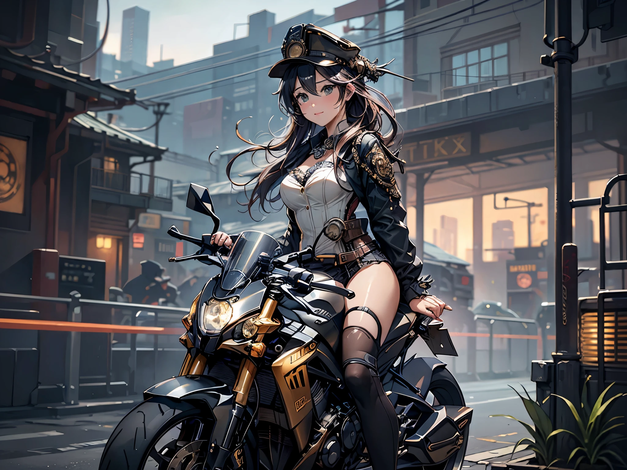 (Line art_anime),(Cowboy Shot, highest quality, ),(Laura Budd Photos:1.2),(Laura Add details:1.0),8K, Flat Color:0.8,Dynamic Angle,1 girl,smile、(On a steampunk motorcycle:1.5)、An elaborately decorated motorcycle、(Highly decorative and complex mechanical steampunk fashion, lace flare dolphin hat、goggles 1.5、machinery background、Gear background、Intricately mechanized steampunk cityscape 1.5),