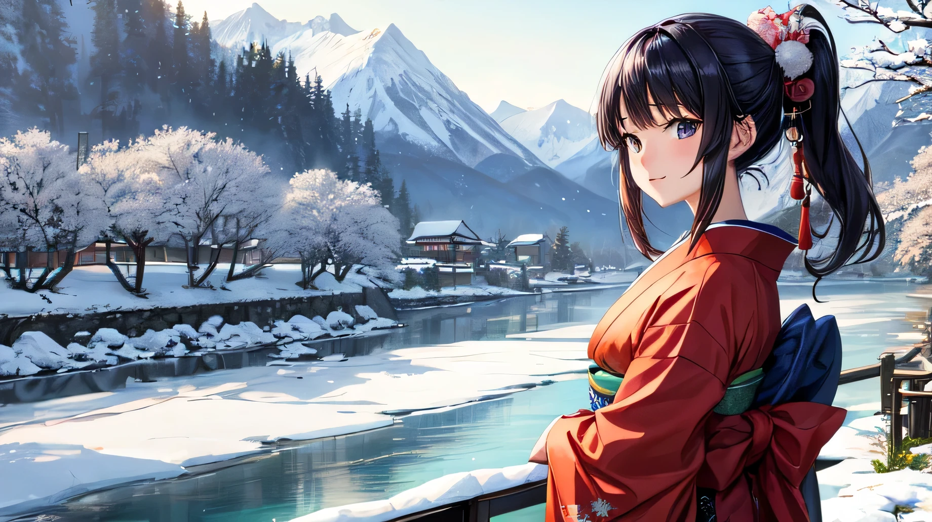 for anime,A beautiful woman in a Japanese kimono is looking at the scenery by the river,snow