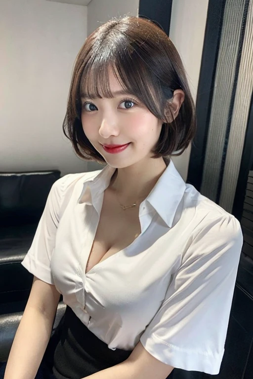 (8k, highest quality, masterpiece:1.2), (Realistic, photo-Realistic:1.37), Very detailed, 1 girl, cute, alone, Beautifully detailed skies, Detailed Cafe, night, Sitting, Date, (Red nose), (smile:1.15), (Mouth closed) Large Breasts, Beautiful fine details, (Collared shirt:1.1), night, Wet, business suit, rain, white lace, (short hair:1.2), Floating Hair NovaFrogStyle, shirt is exposed, The chest is emphasized, Her underwear is slightly visible, The cleavage is visible